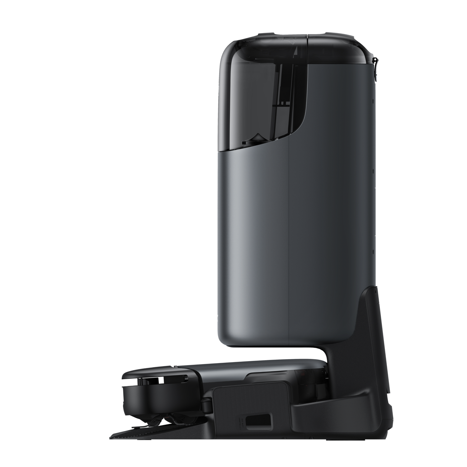 Vue latérale d'un aspirateur noir avec un dessus cylindrique et une base.