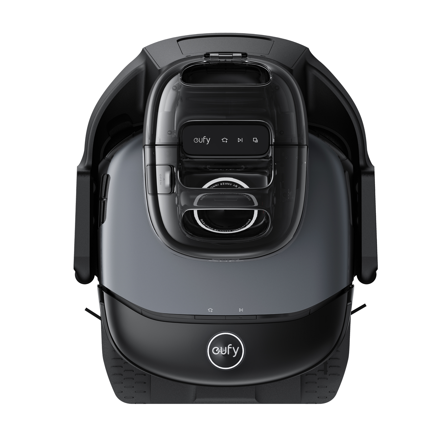 Vue de dessus d'un aspirateur robot noir et gris avec le logo eufy.