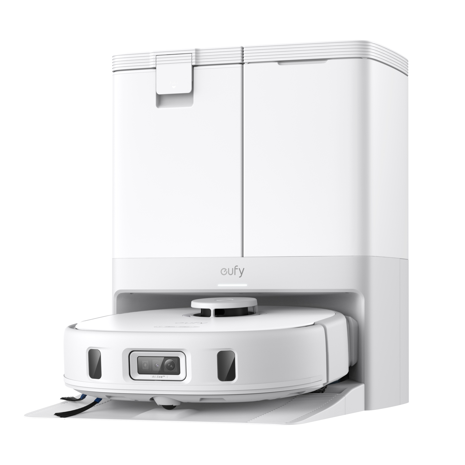 White Eufy robot vacuum and charging station. White background. Shows front with camera.