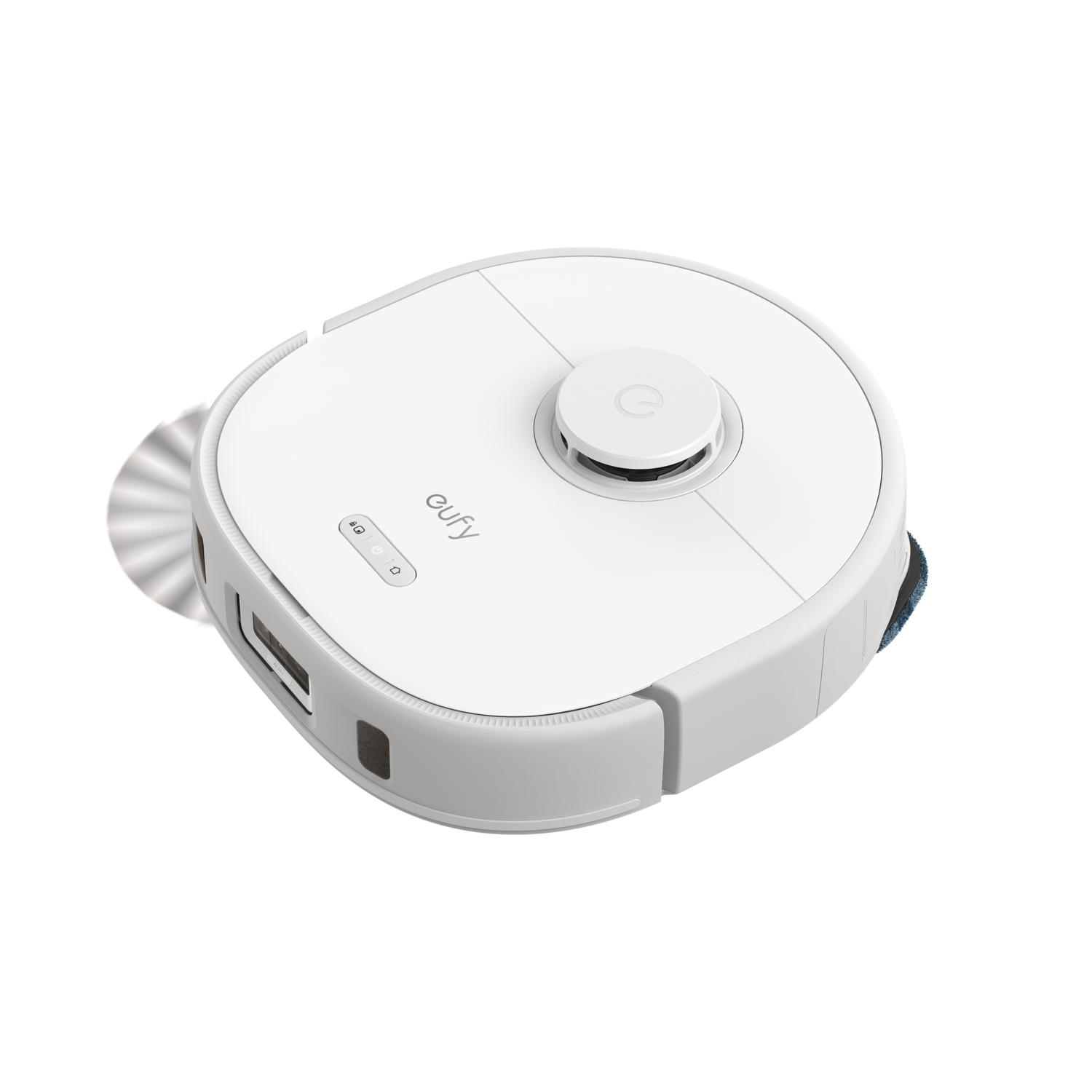 A white, round robotic vacuum cleaner with the logo 'eufy' on its top.