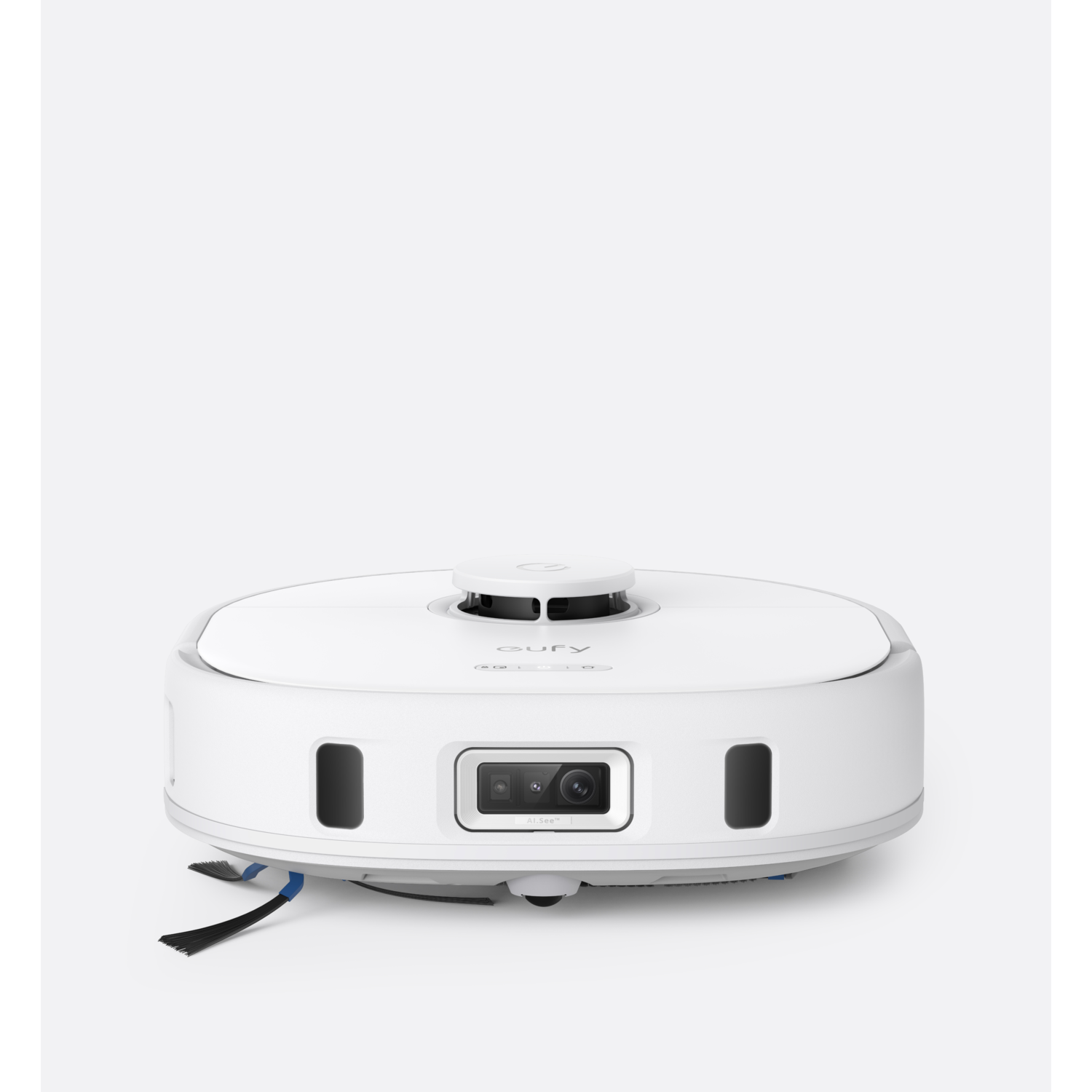 A white, round robot vacuum cleaner with a camera, brushes, and a charging station.