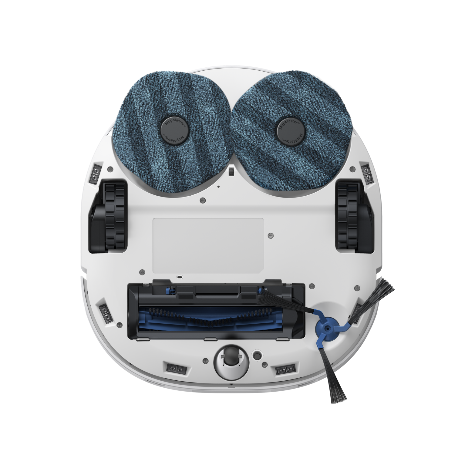 Robot vacuum cleaner with two blue pads and a brush.