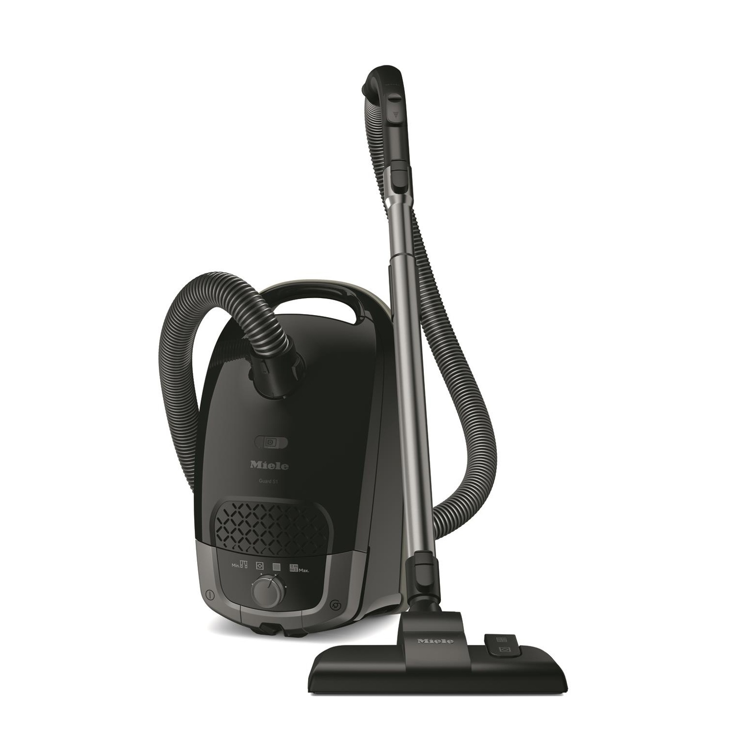 Aspirapolvere Miele nero su sfondo bianco, con tubo e testina.