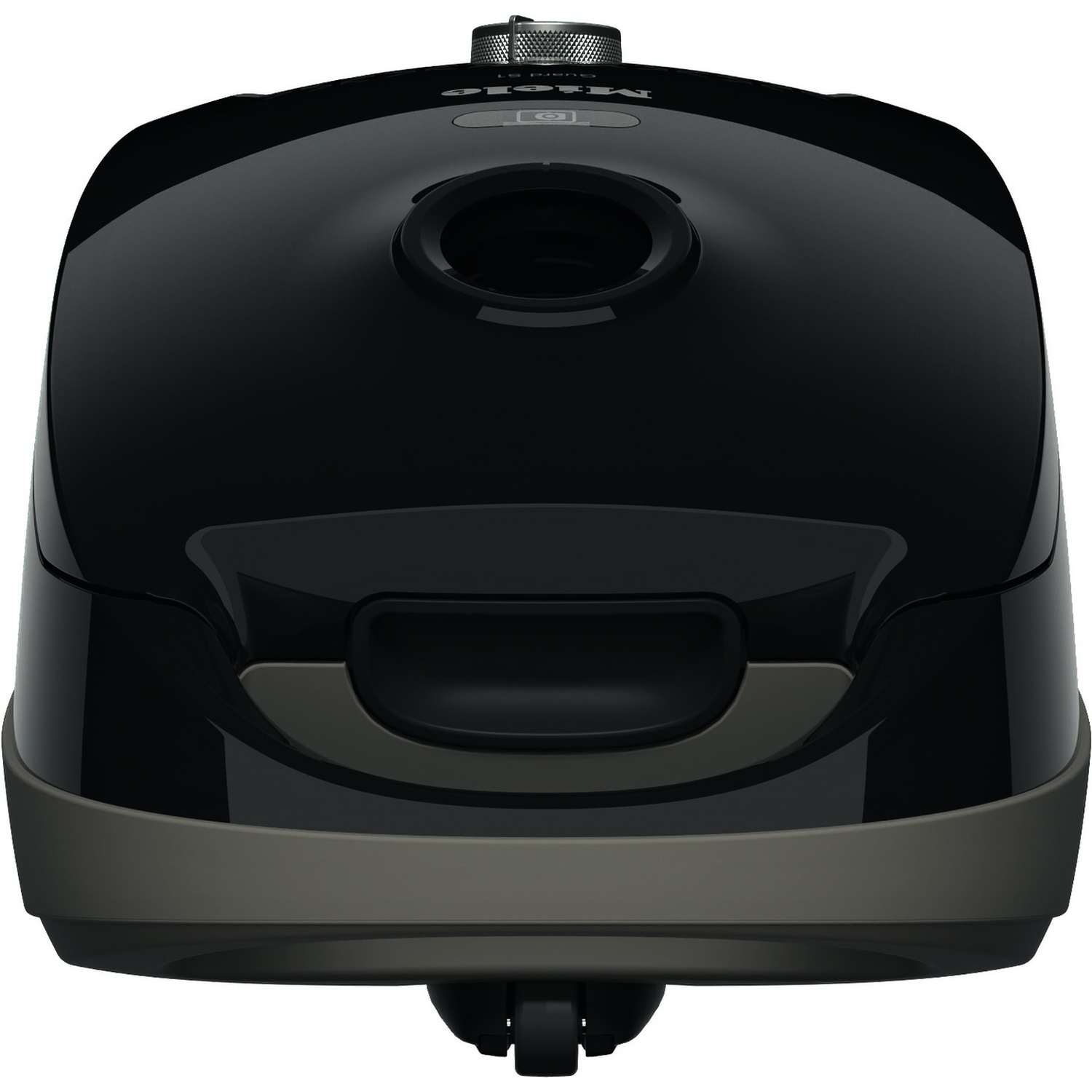 Aspirapolvere Miele nero, vista dall'alto. Presenta una maniglia e una base grigia.