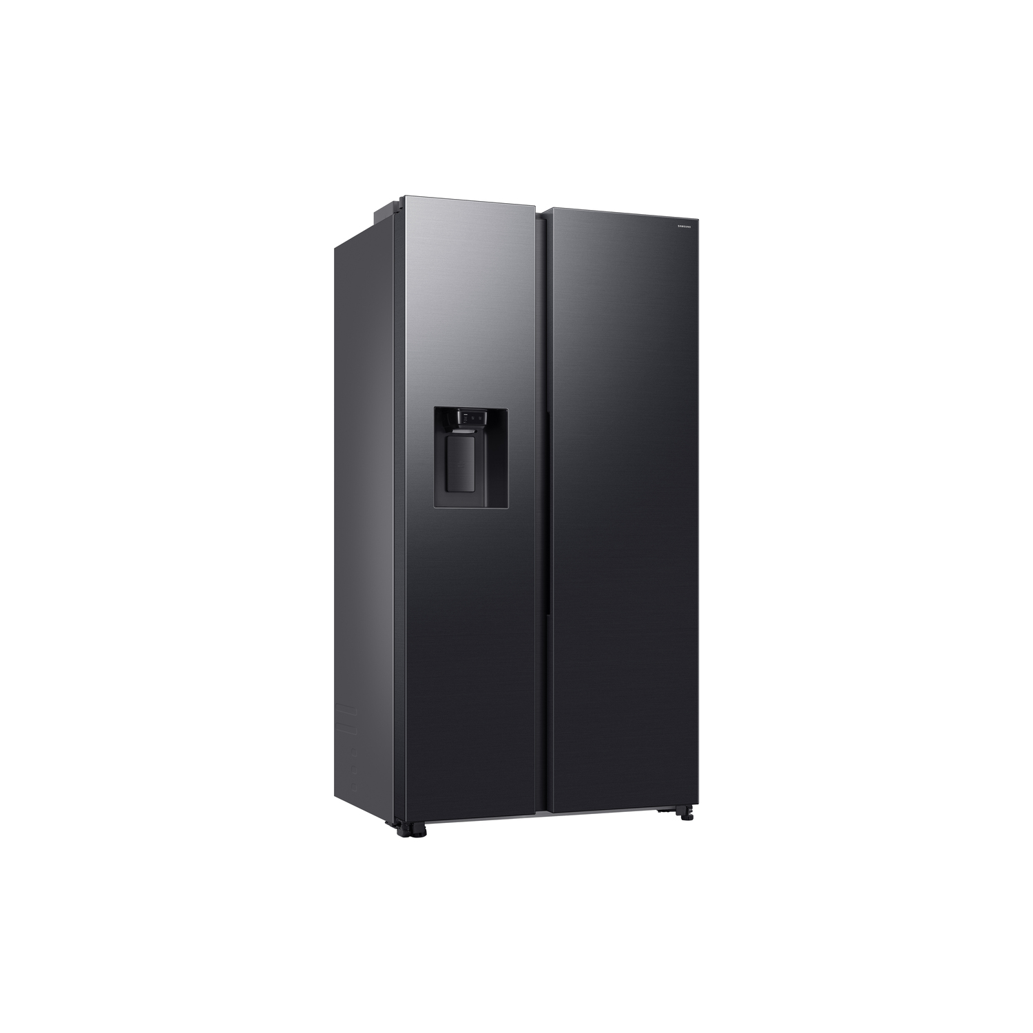 A black side-by-side refrigerator against a white background.