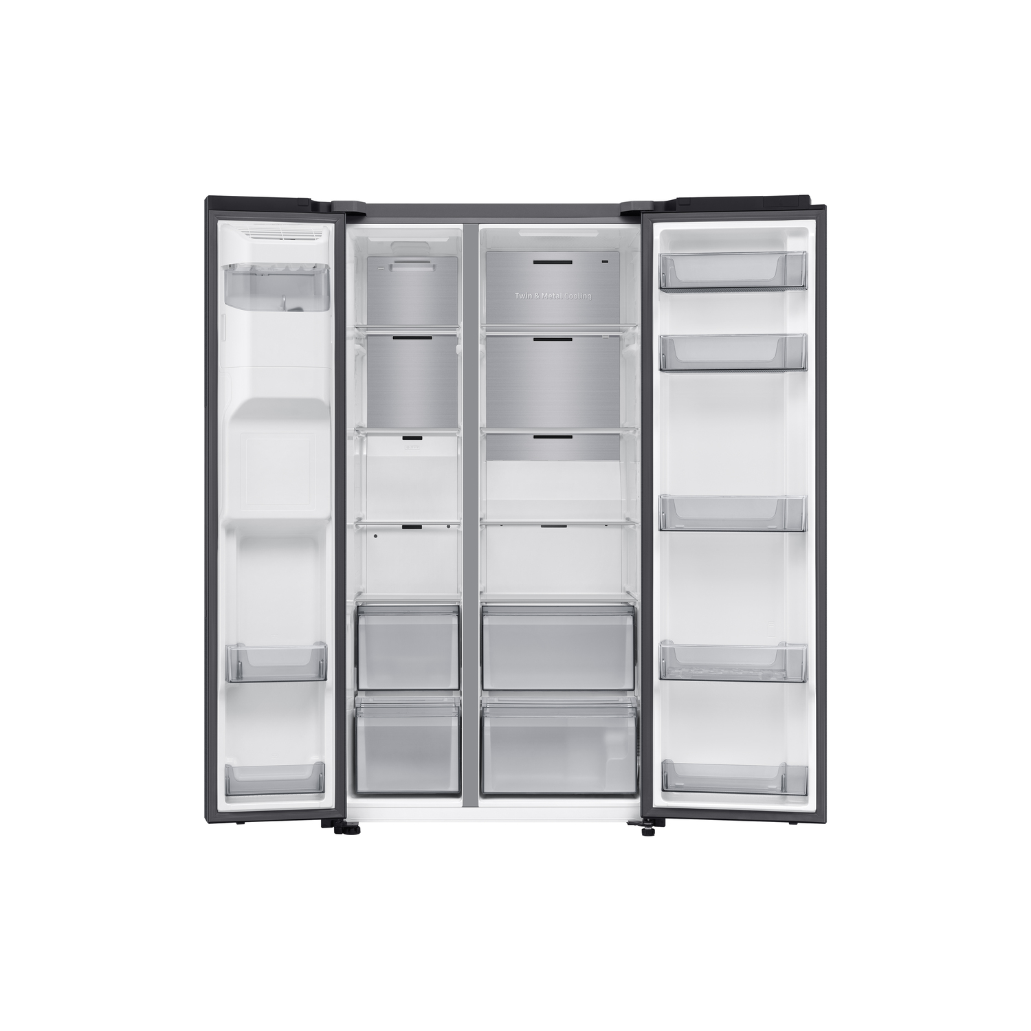 Opened side-by-side refrigerator with shelves and drawers.