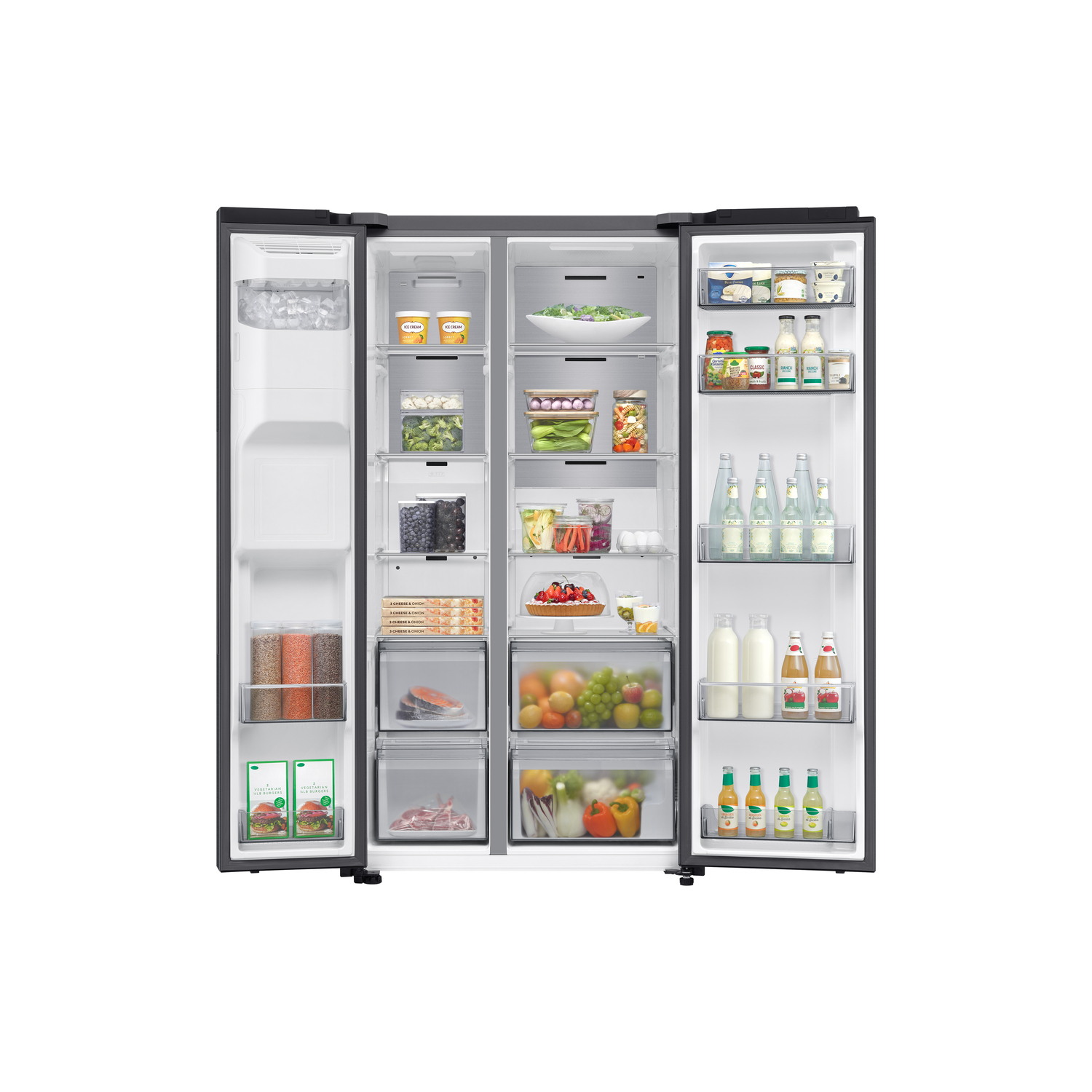 A refrigerator with both doors open, revealing shelves filled with groceries and food items.