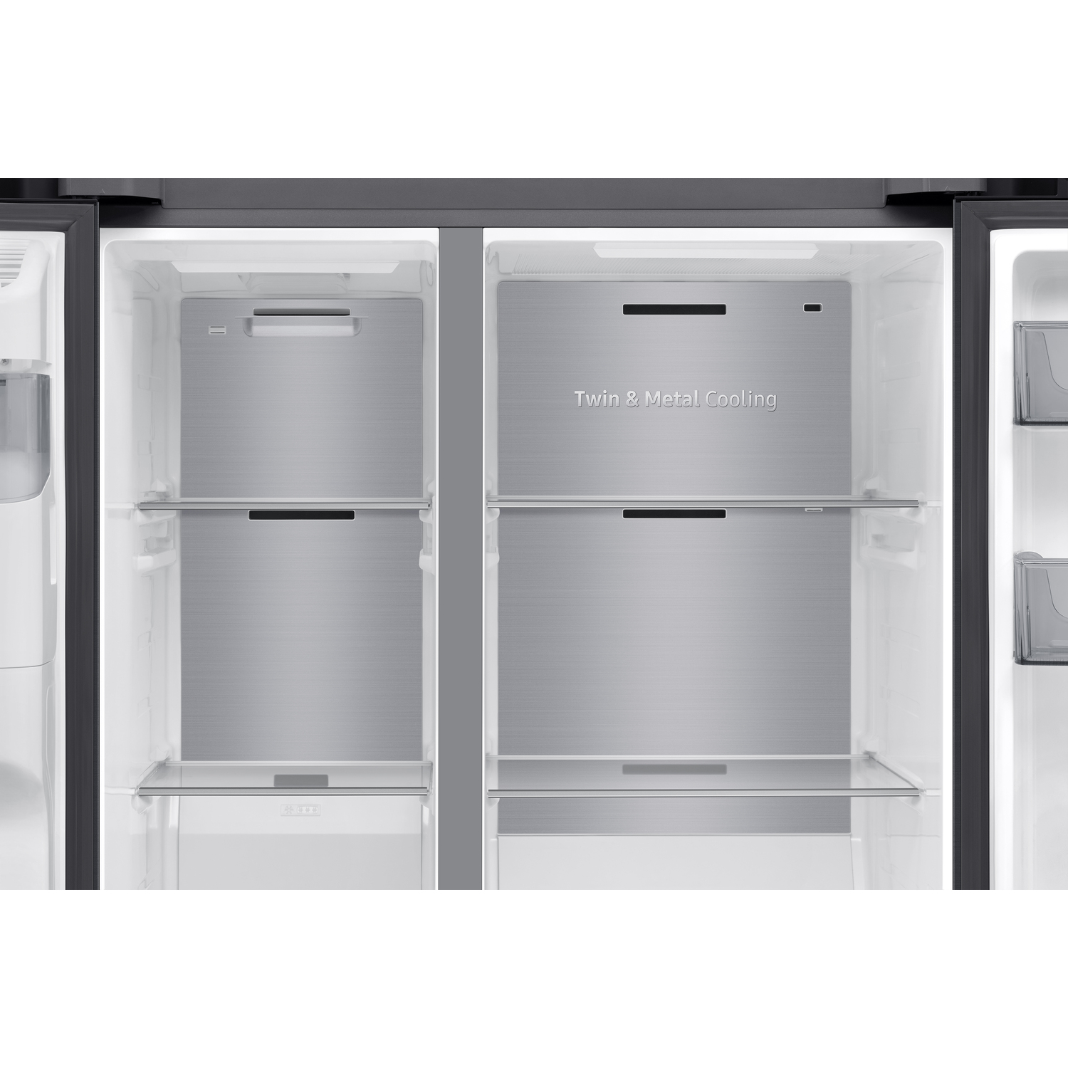 Open refrigerator with stainless steel interiors, shelves, and the text 'Twin & Metal Cooling'.