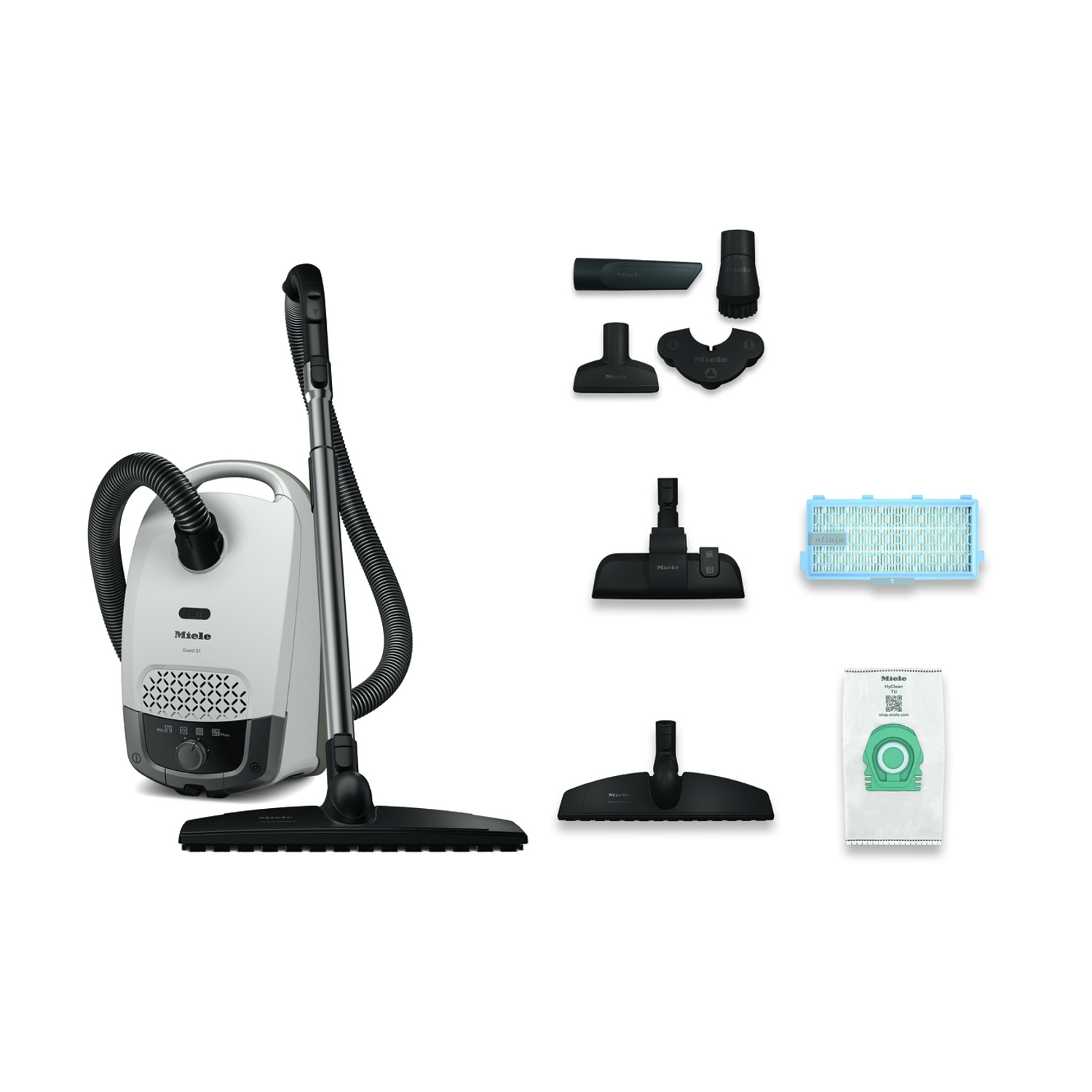 Aspirapolvere con accessori. Diversi accessori sono visualizzati con uno sfondo bianco.