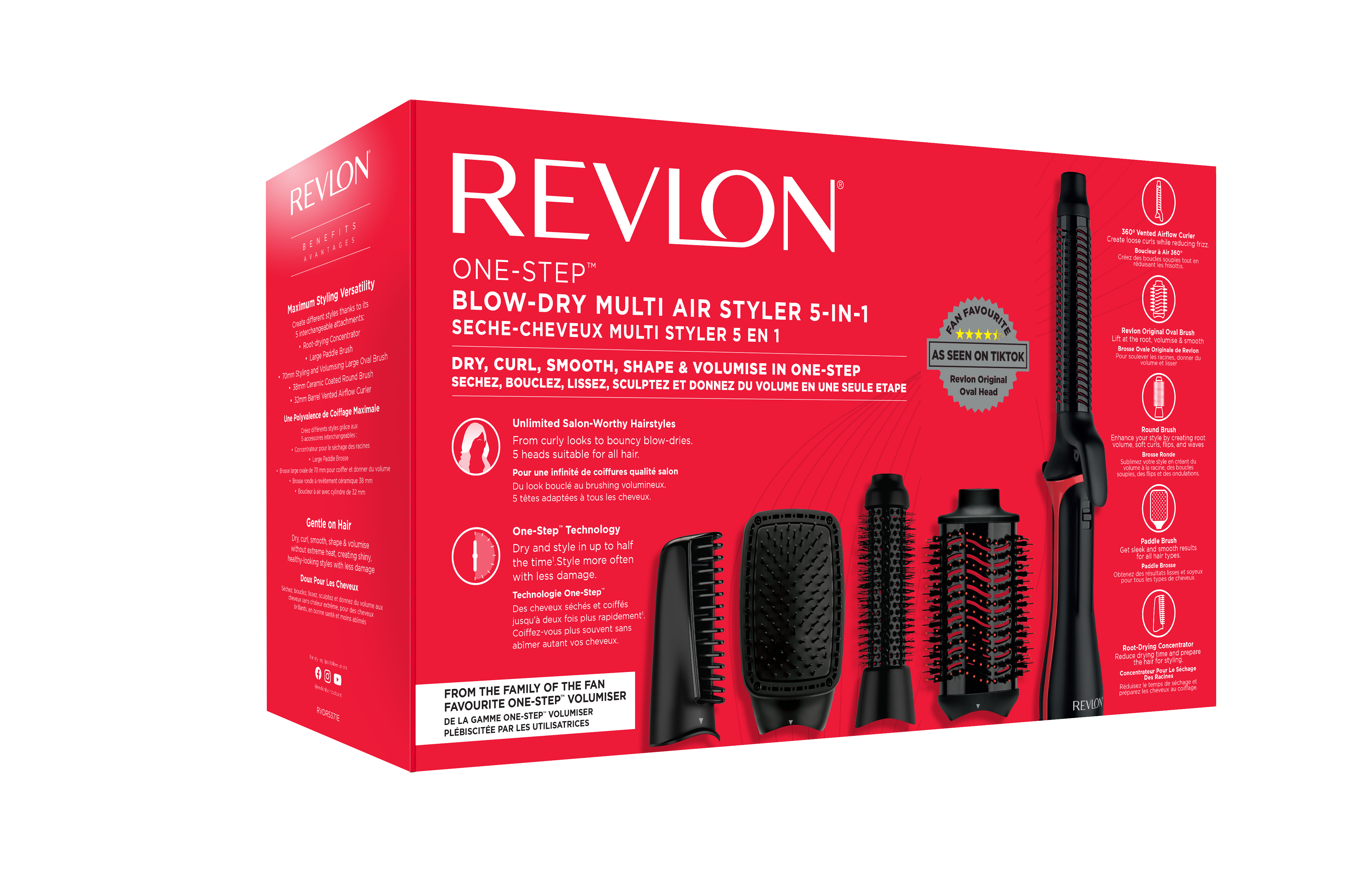 Eine rote Revlon-Box mit Haarstyling-Werkzeugen.