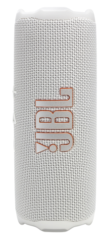 Biały głośnik JBL w pozycji pionowej. Logo JBL jest widoczne w kolorze pomarańczowym.