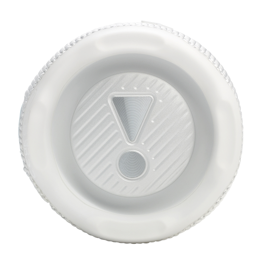 Biały okrągły głośnik z wyraźnym białym znakiem wykrzyknika, wyizolowany na białym tle.