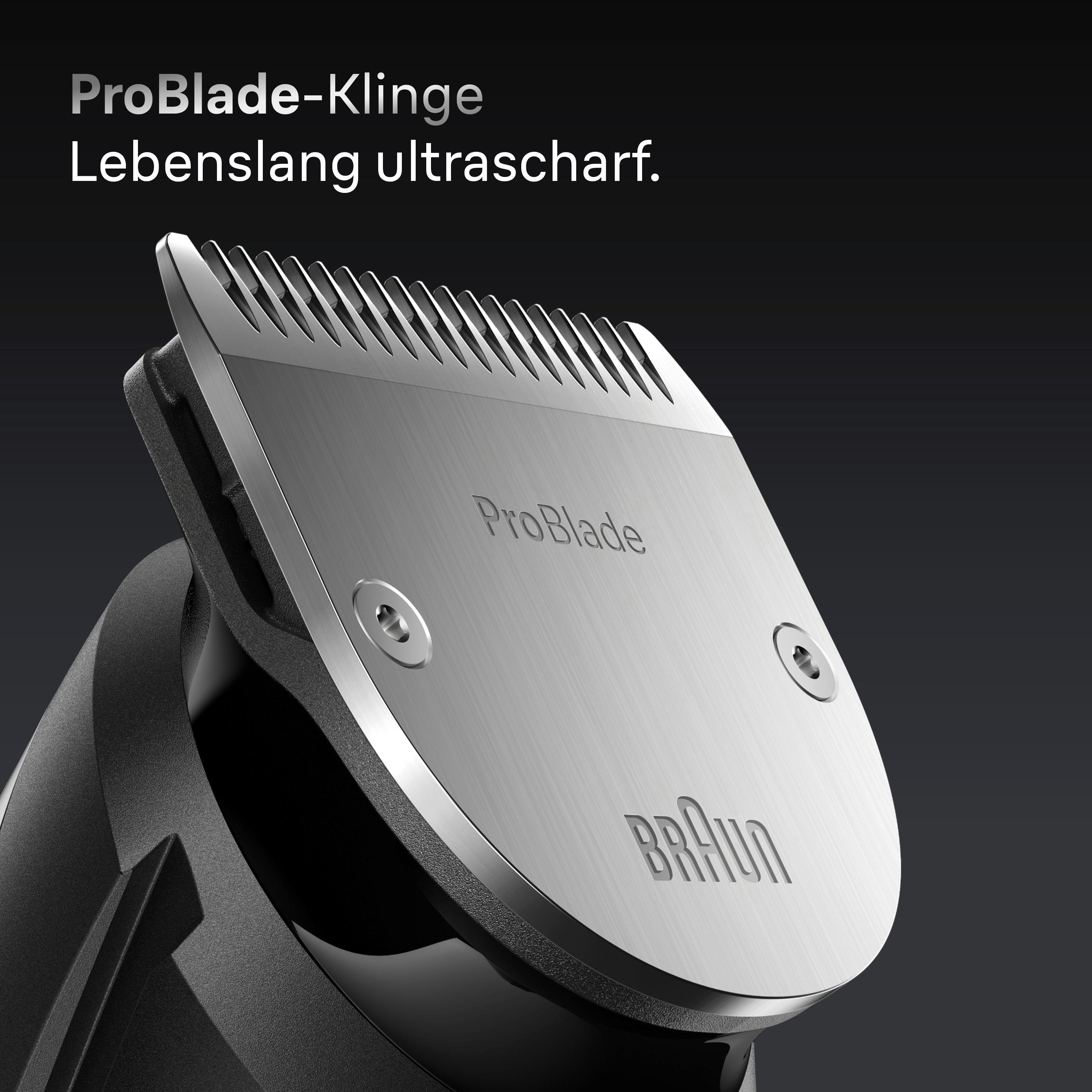 Nahaufnahme der Braun Haarschneidemaschinenklinge mit ProBlade-Text und Markenlogo.