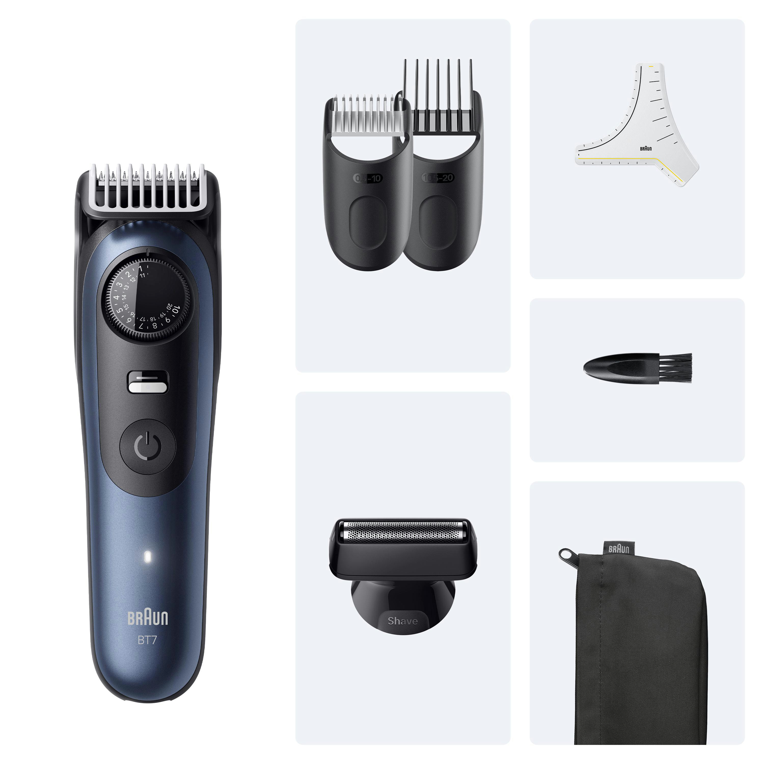 Braun BT7 Barttrimmer, Zubehör: Kämme, Scherkopf, Bürste und Aufbewahrungstasche. Blau und Schwarz.