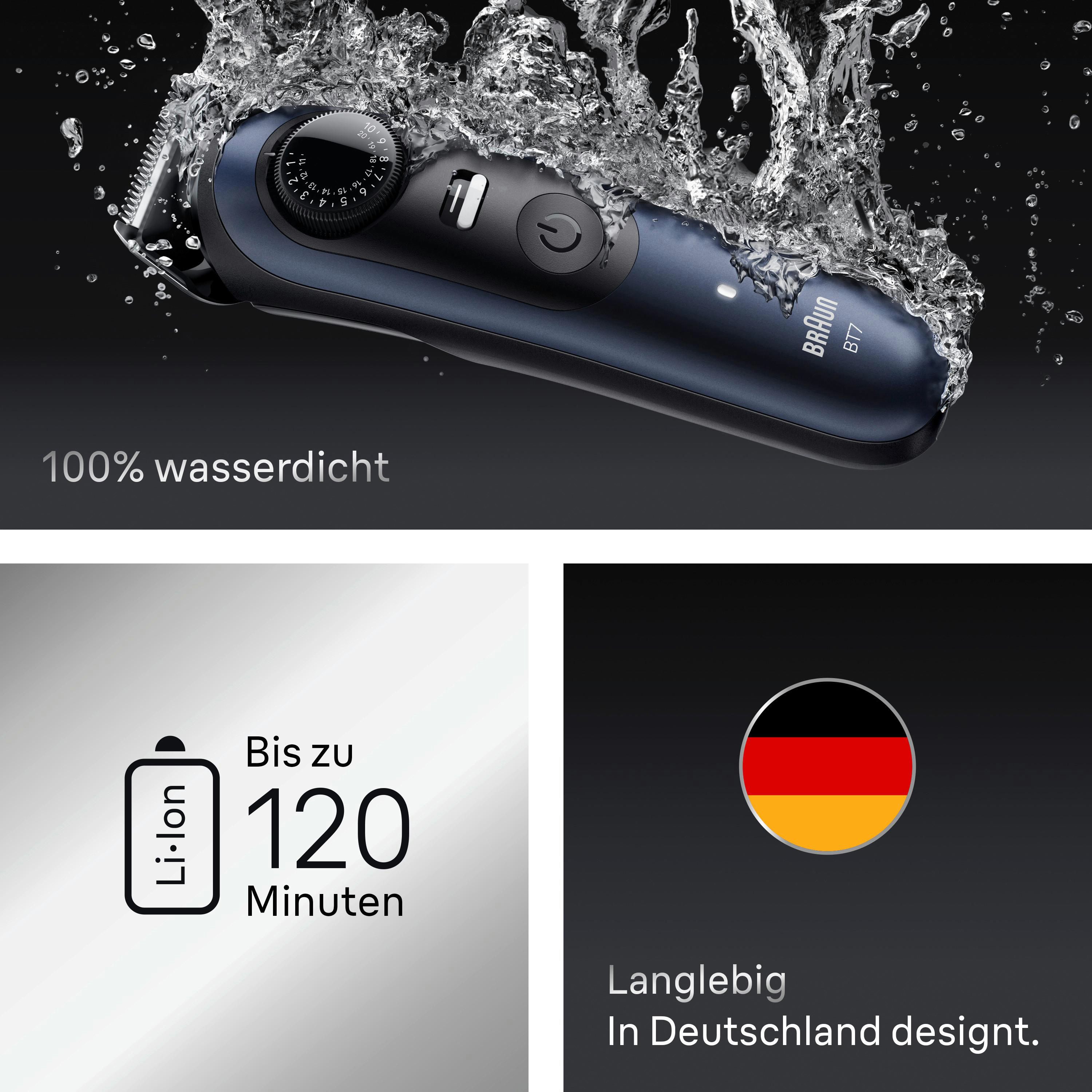 Nasser blauer Braun-Rasierer mit Wassertropfen und Text: 100% wasserdicht.