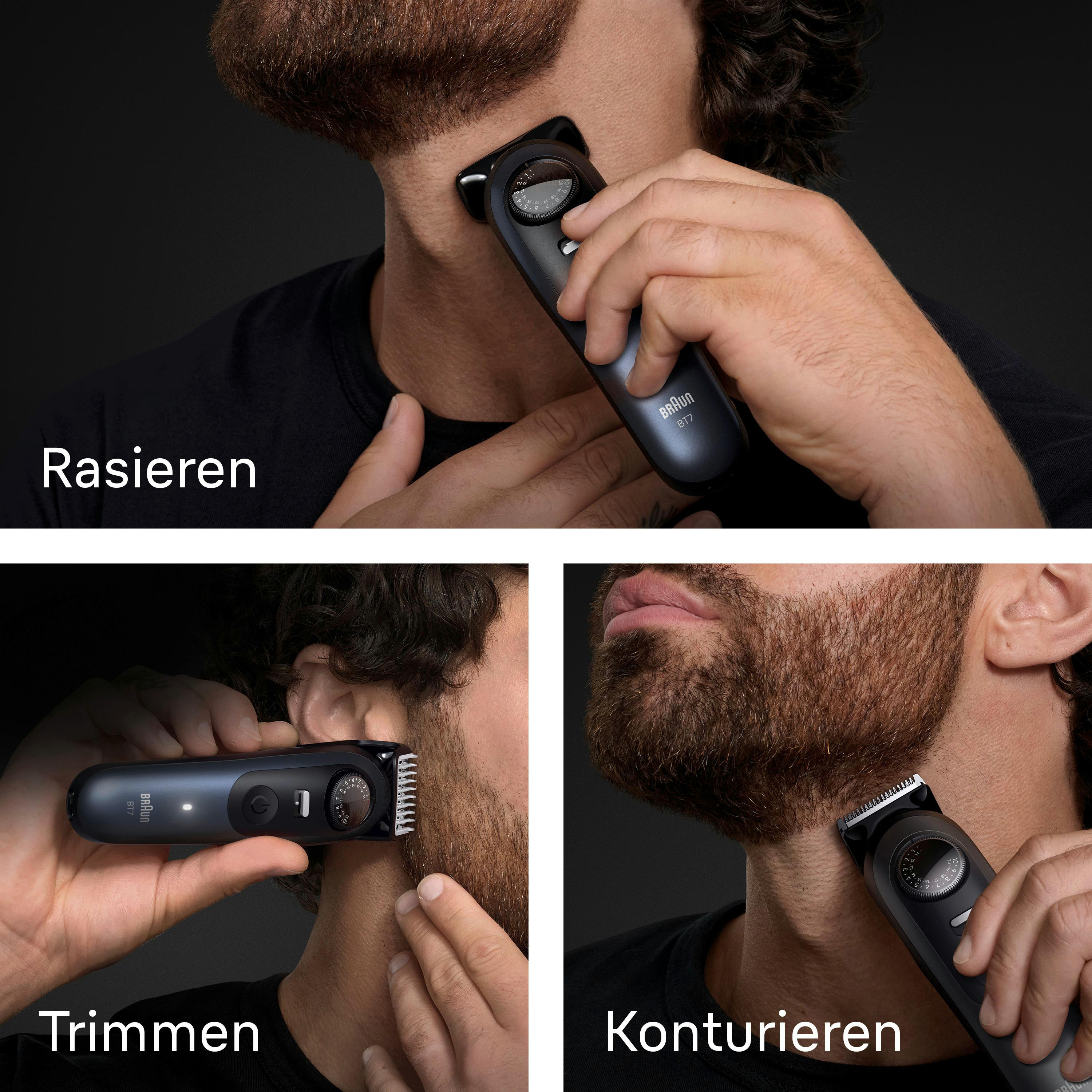 Ein Mann rasiert, trimmt und konturiert seinen Bart mit einem Trimmer.