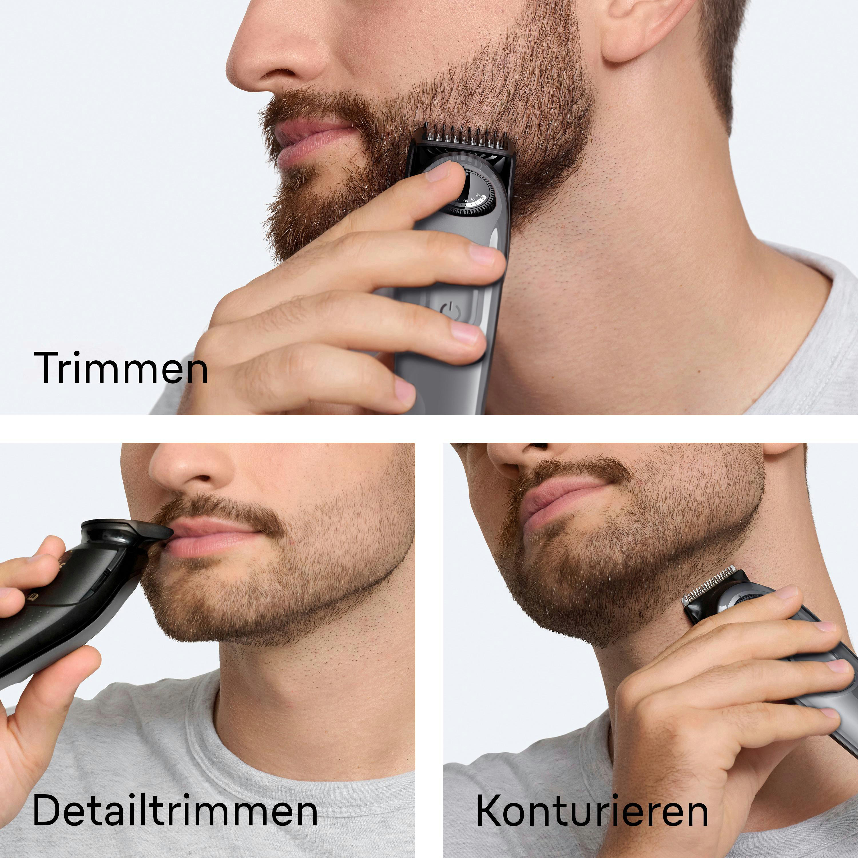 Mann benutzt Bartschneider. Drei Ansichten: Trimmen, Detailtrimmen und Konturieren.