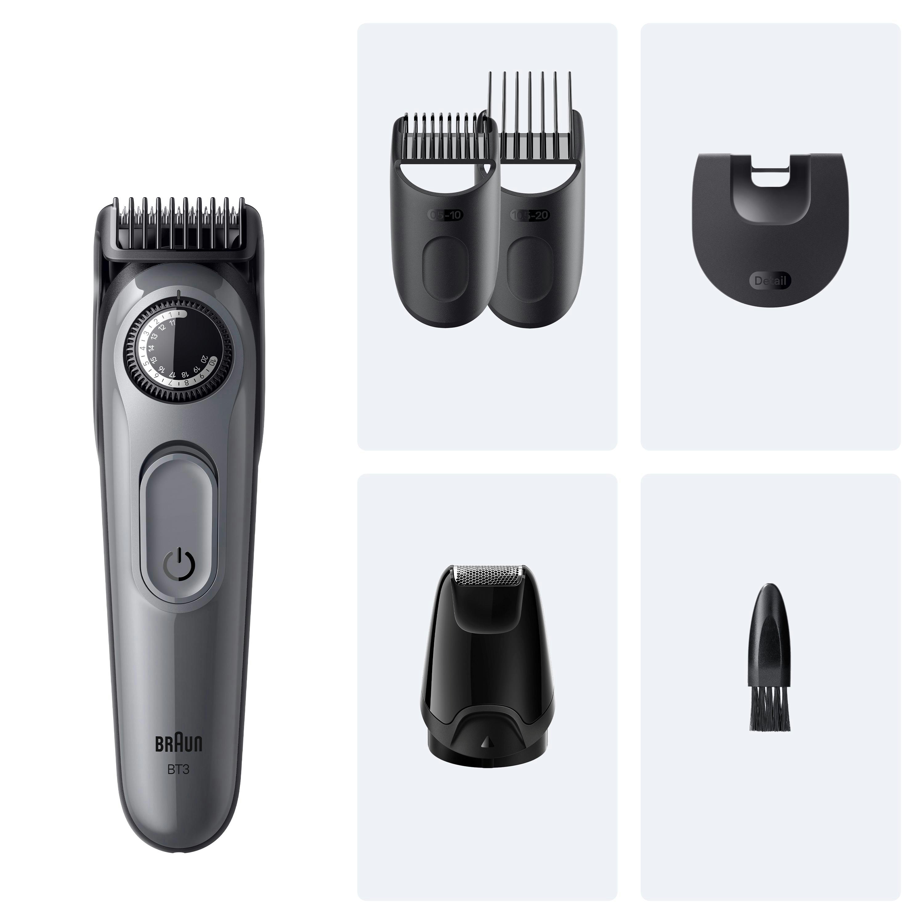 Braun BT3 Trimmer, Zubehör: Kämme, Detailkopf, Bürste. Graues Farbschema.