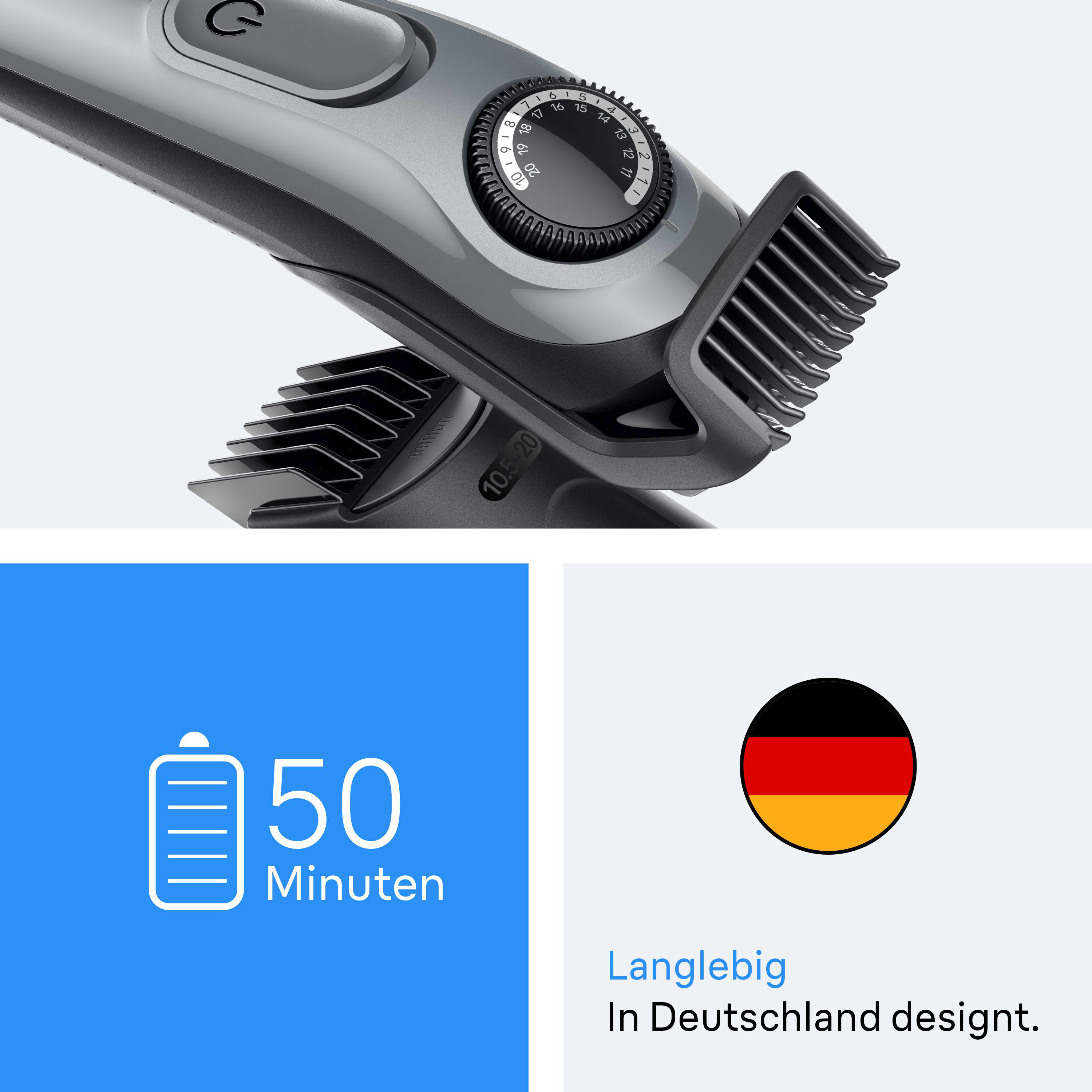 Ein grauer Haartrimmer mit Drehregler. Ein Akkusymbol zeigt '50 Minuten'. Deutsche Flagge und Text: 'Langlebig, In Deutschland designt'.