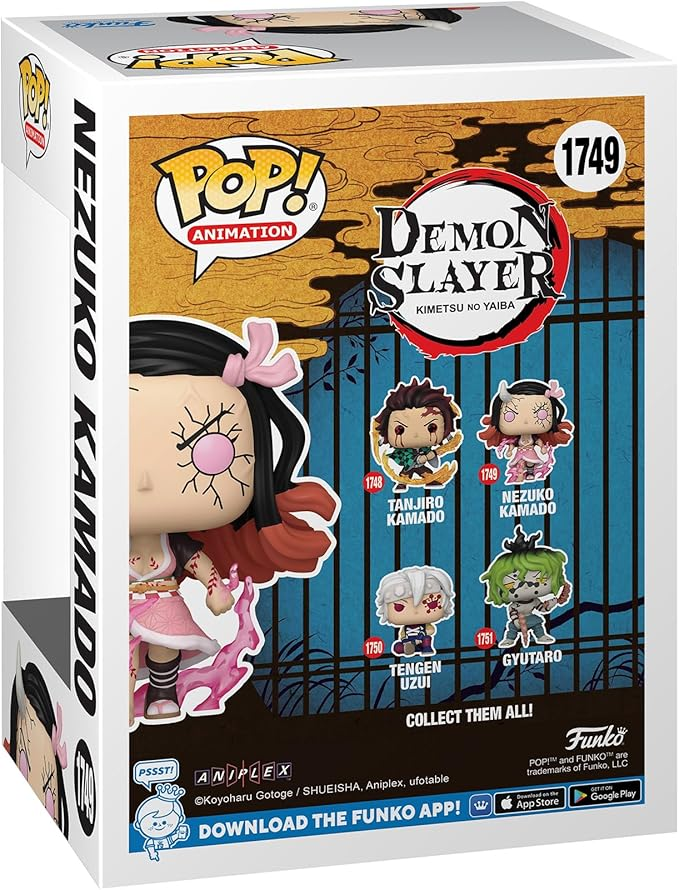 Una caja de Funko Pop con una figura de Nezuko Kamado. Otros personajes se muestran en la caja. El fondo es blanco.