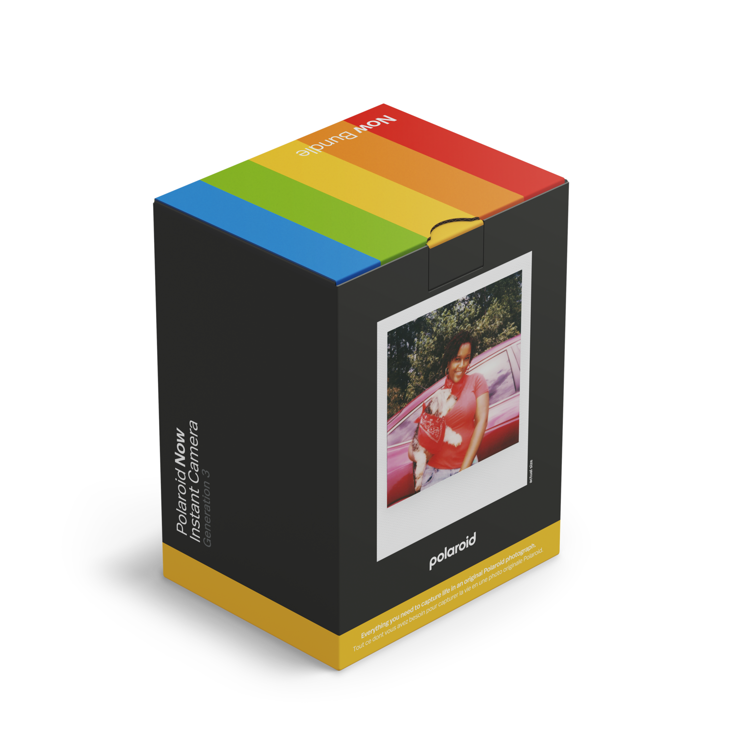 Polaroid Now Instant Camera doos met foto van vrouw en kind.