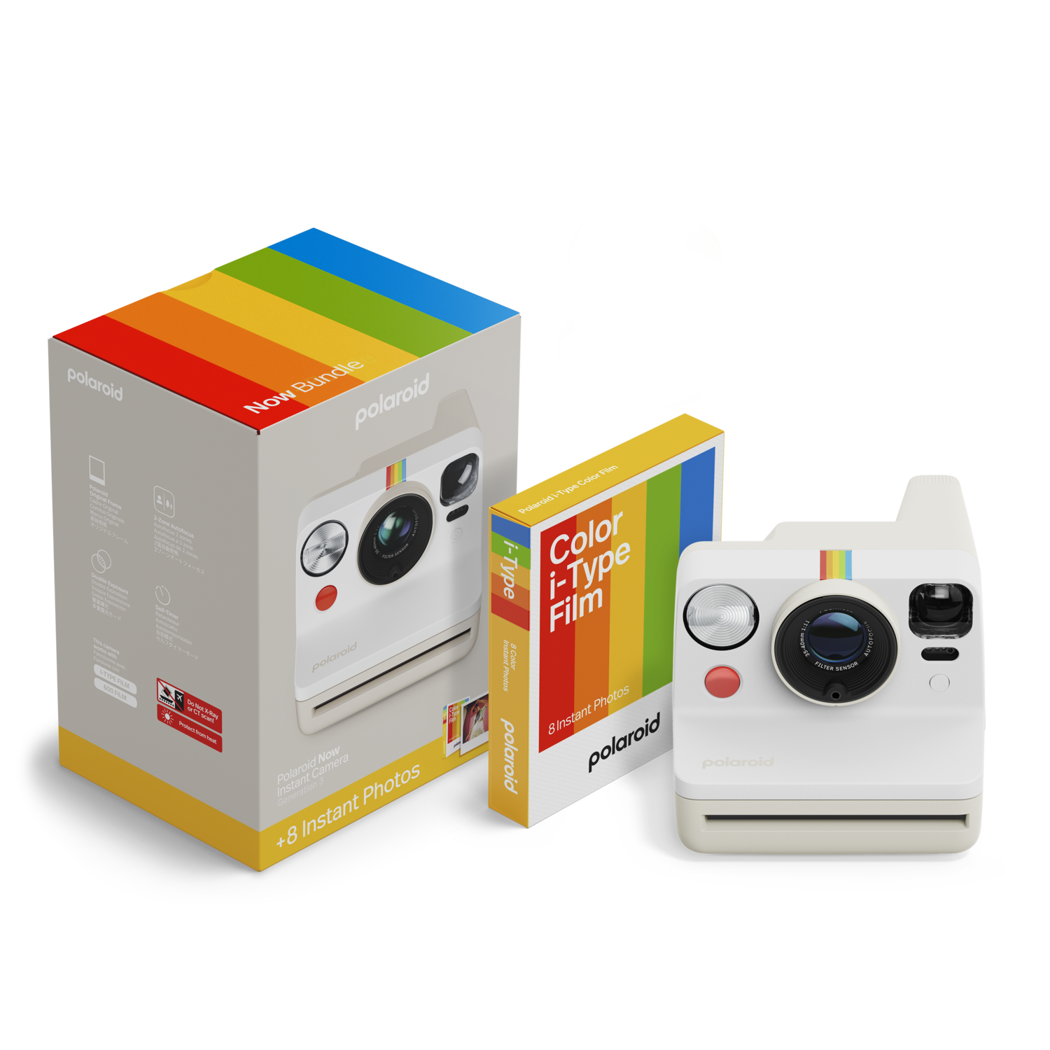 A Polaroid camera with a box and film. The camera is white with a rainbow stripe.