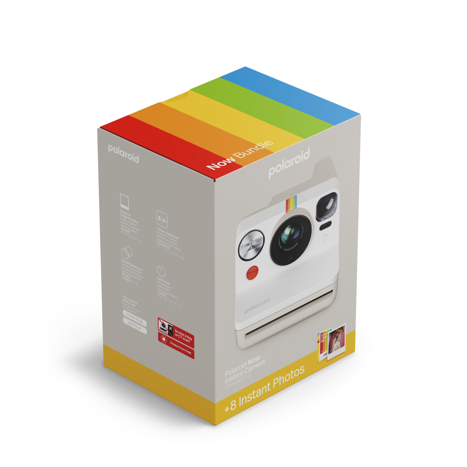 Polaroid camera box with a rainbow stripe on top, and a white instant camera.