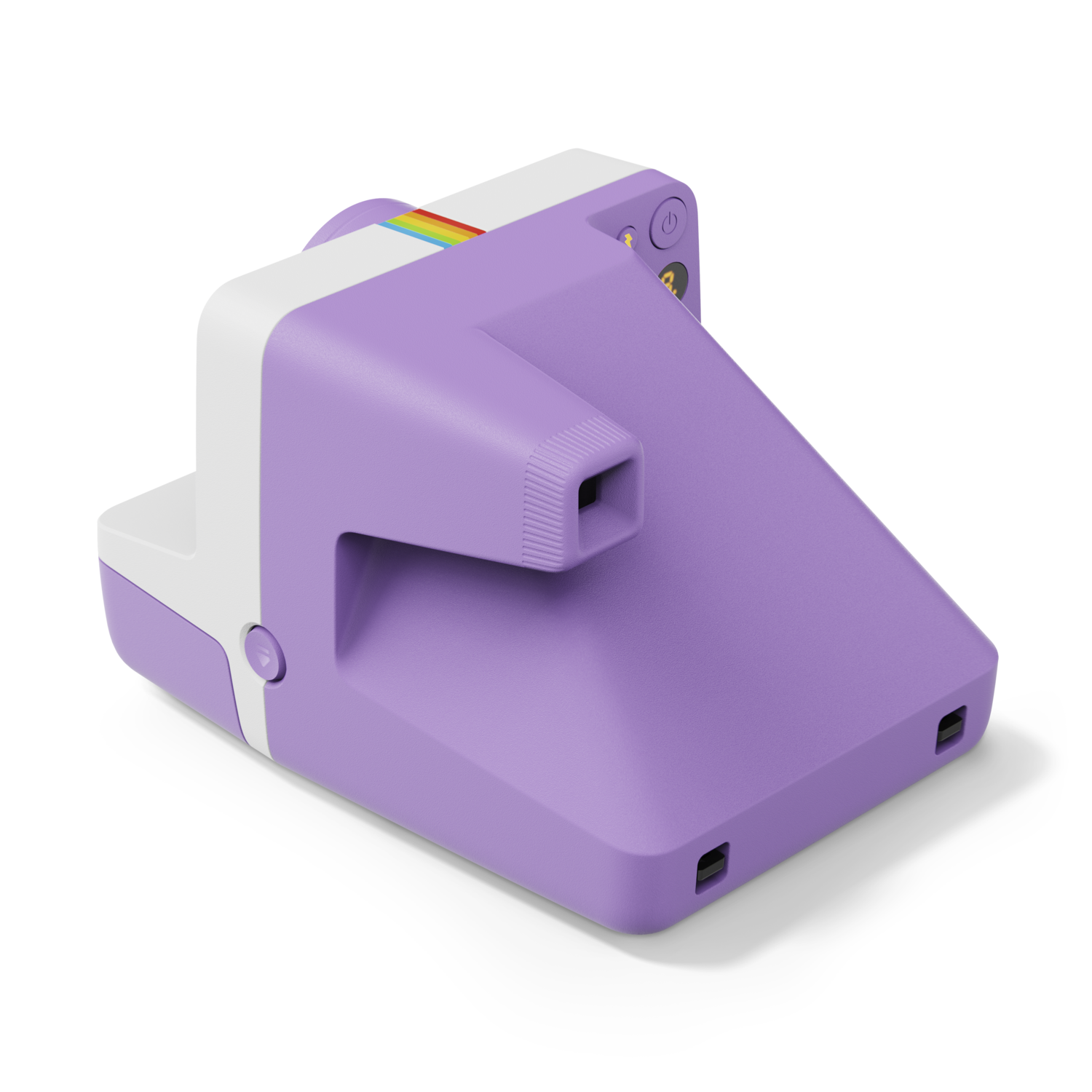 A lavender Polaroid camera with a rainbow stripe on top, angled on a black surface.