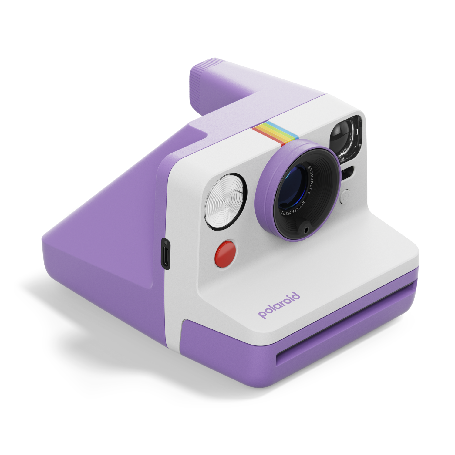 A purple and white Polaroid camera with a rainbow stripe on the top.