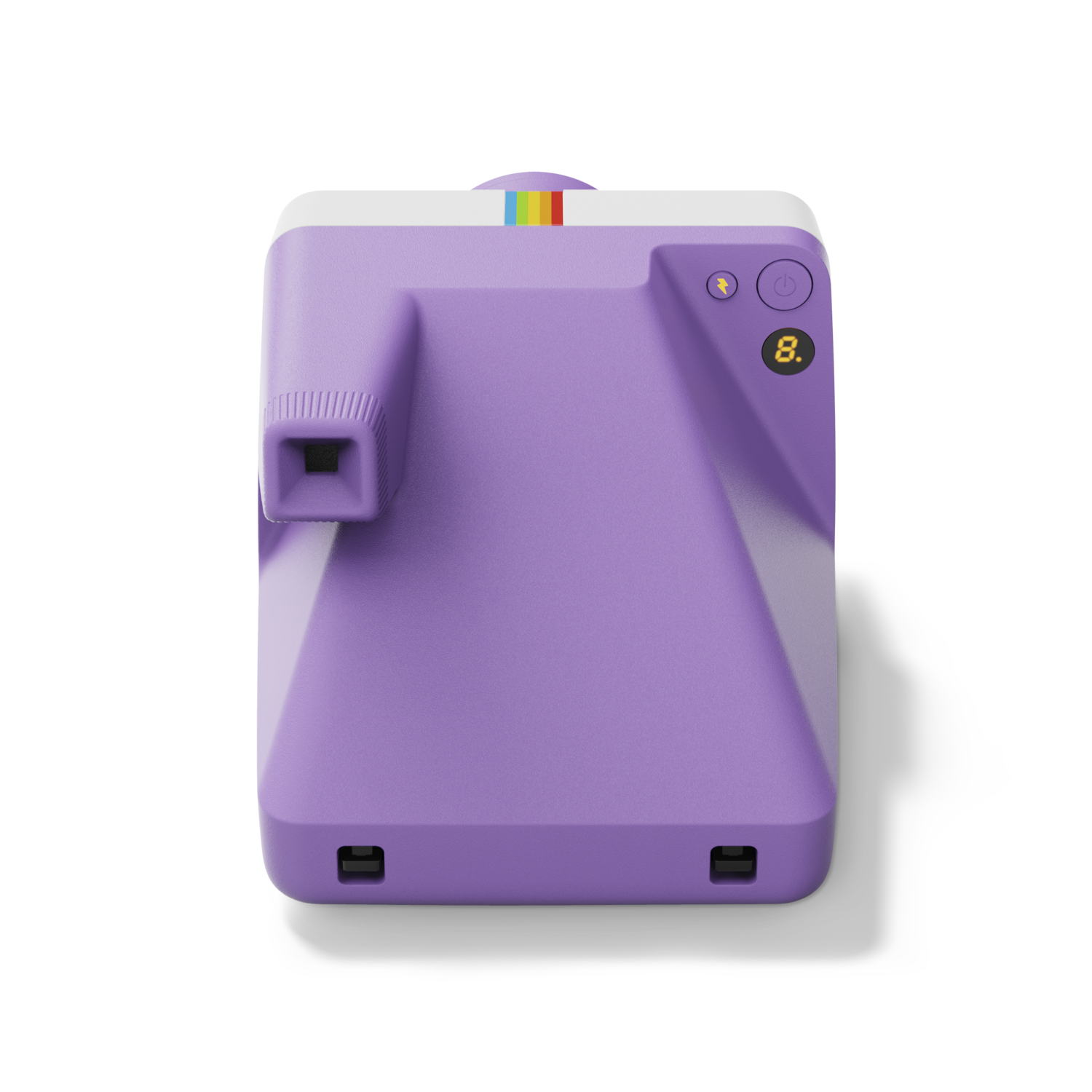 A purple Polaroid camera with a rainbow stripe, buttons, and a black background.