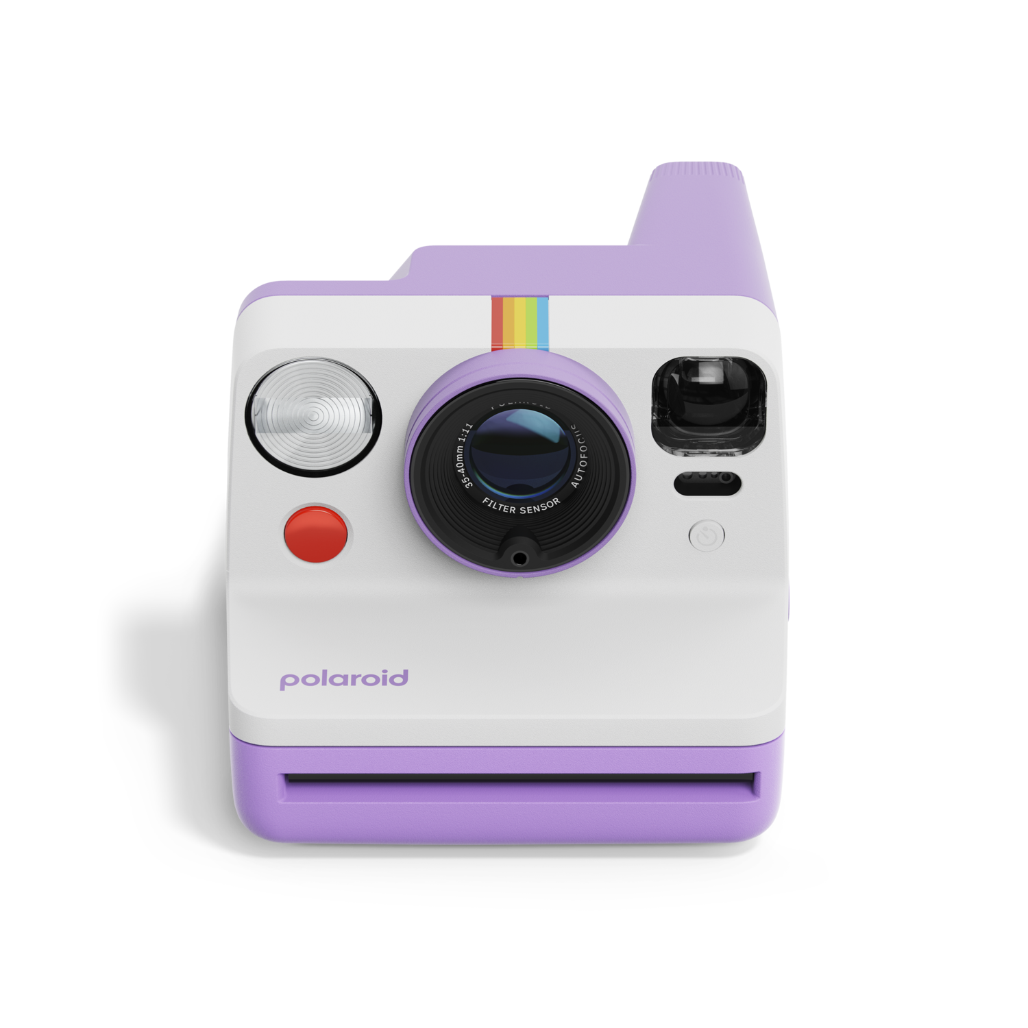 Polaroid Now instant camera. White and lavender body, rainbow stripe, red button, black lens.