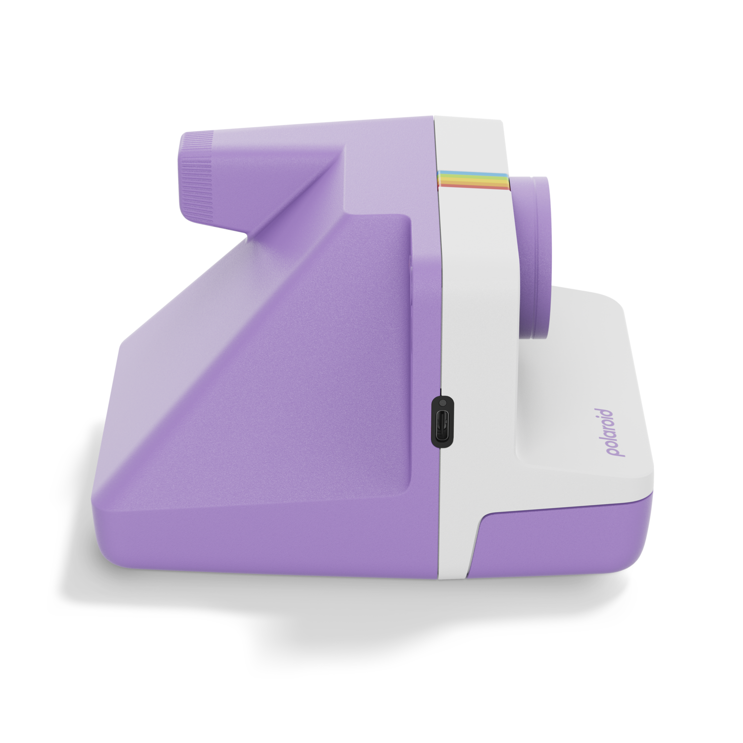 Side view of a purple and white Polaroid camera with a rainbow stripe.