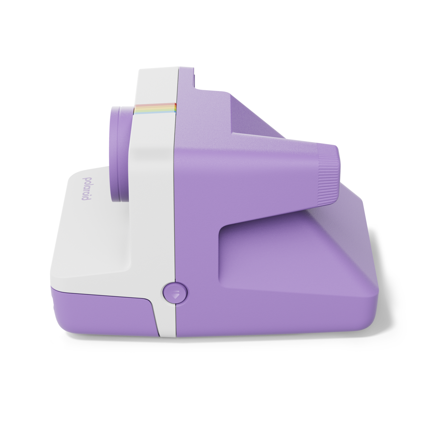 A side view of a purple and white Polaroid camera on a black background.