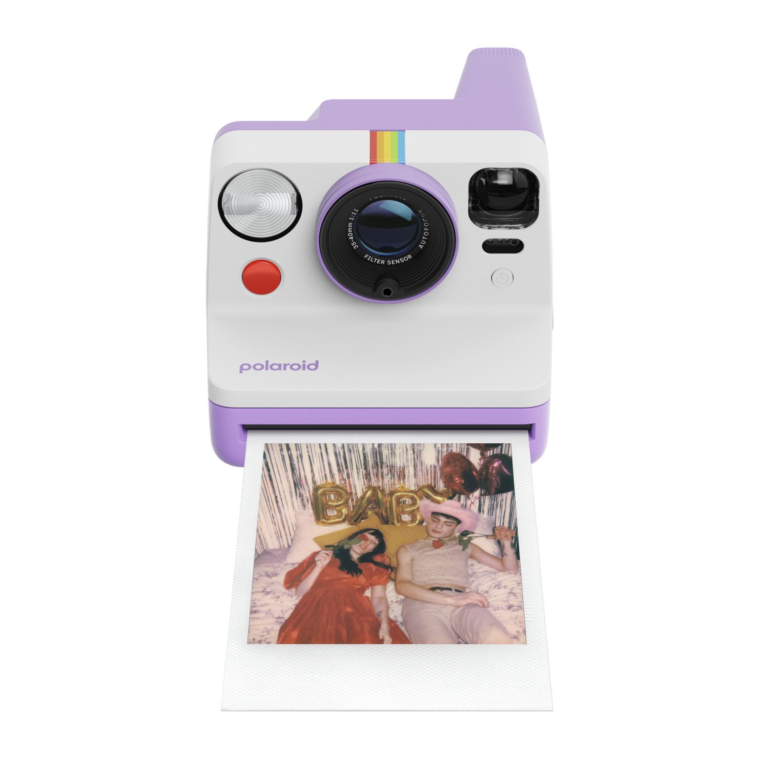 Polaroid camera, white and purple. Photo being ejected, two people lying down on a bed.