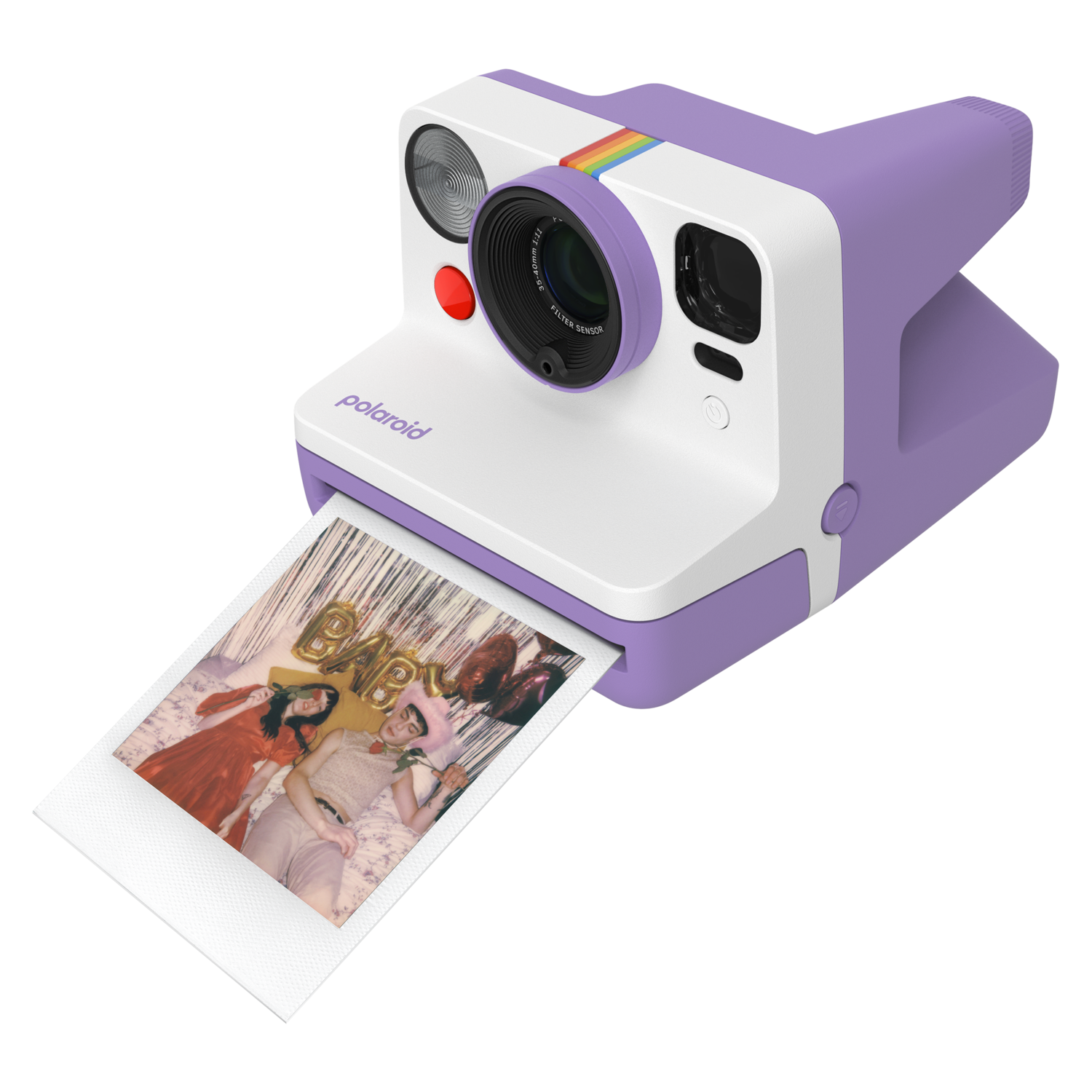 Purple Polaroid camera with a photo being printed. A rainbow stripe is at the top.