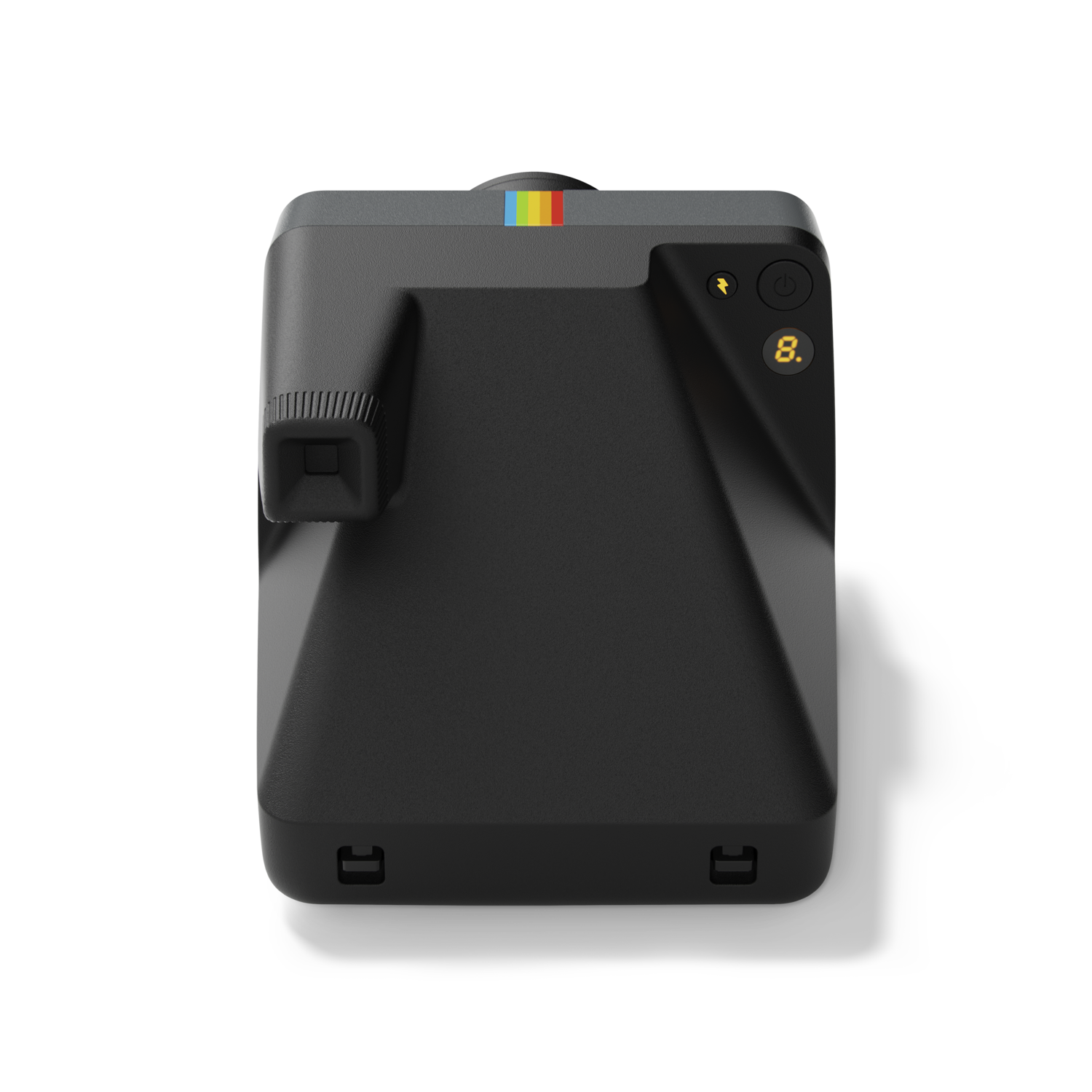Black Polaroid camera with color stripe on top. The lens is on the left, and buttons are on the right.