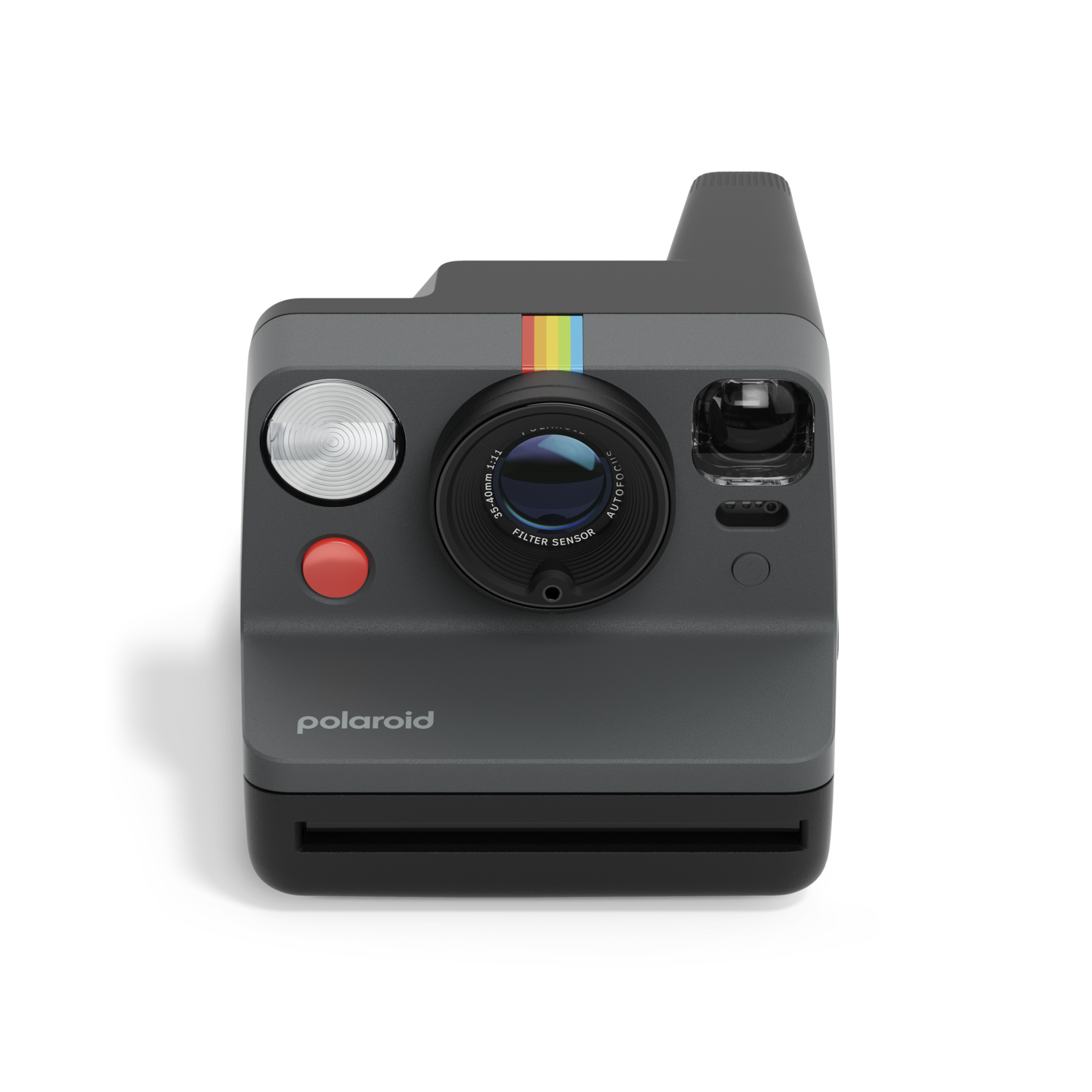 Polaroid Now camera, grey body, rainbow stripe, lens, red button, black background.