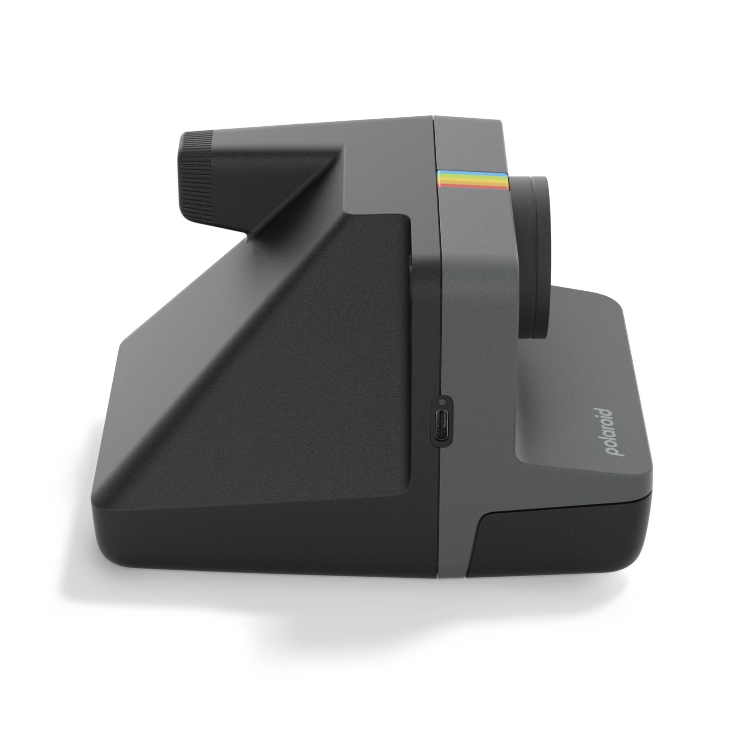 Polaroid camera, side view. Black and gray, with a rainbow stripe on the side.