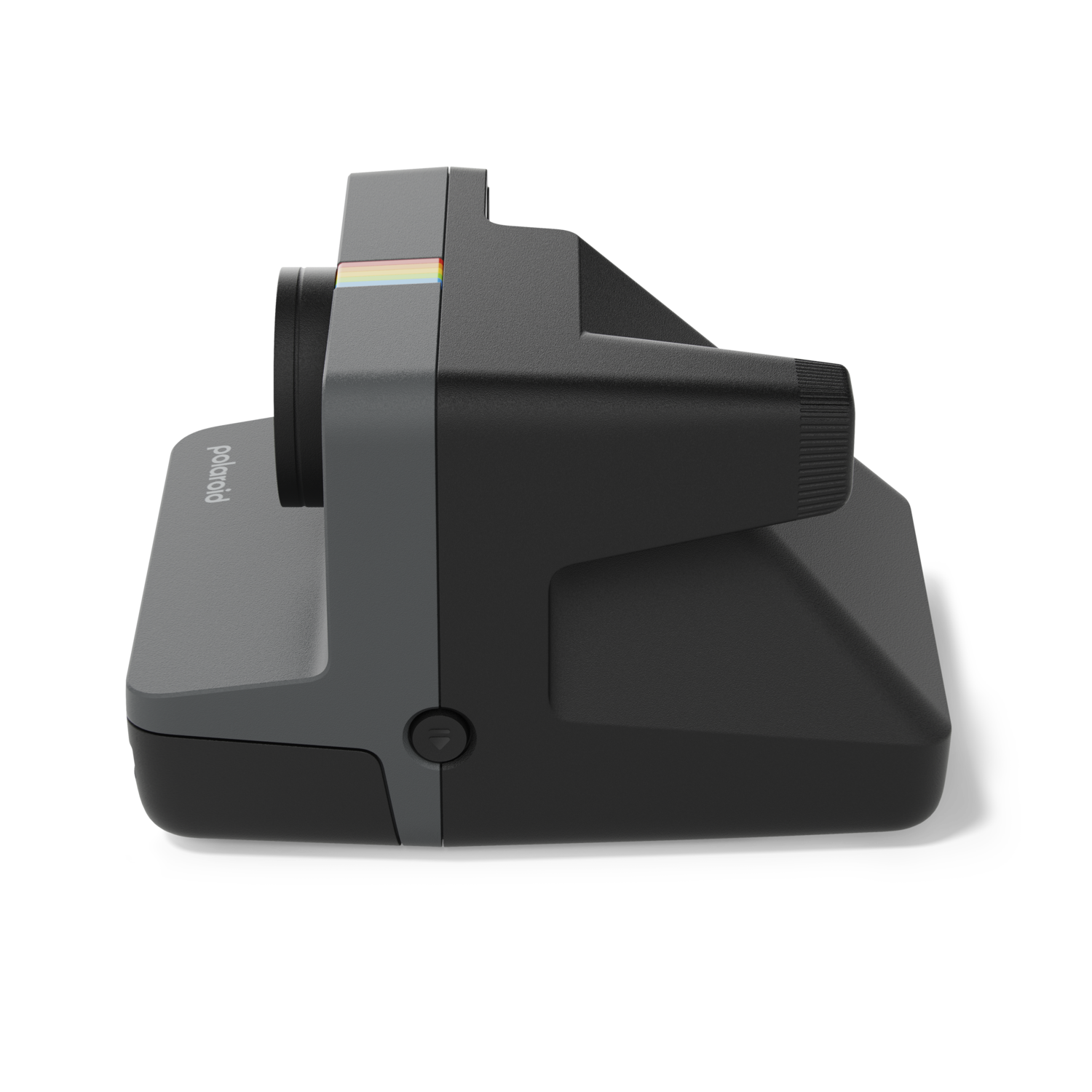 Polaroid camera side view. Gray and black body with rainbow stripe and black lens.