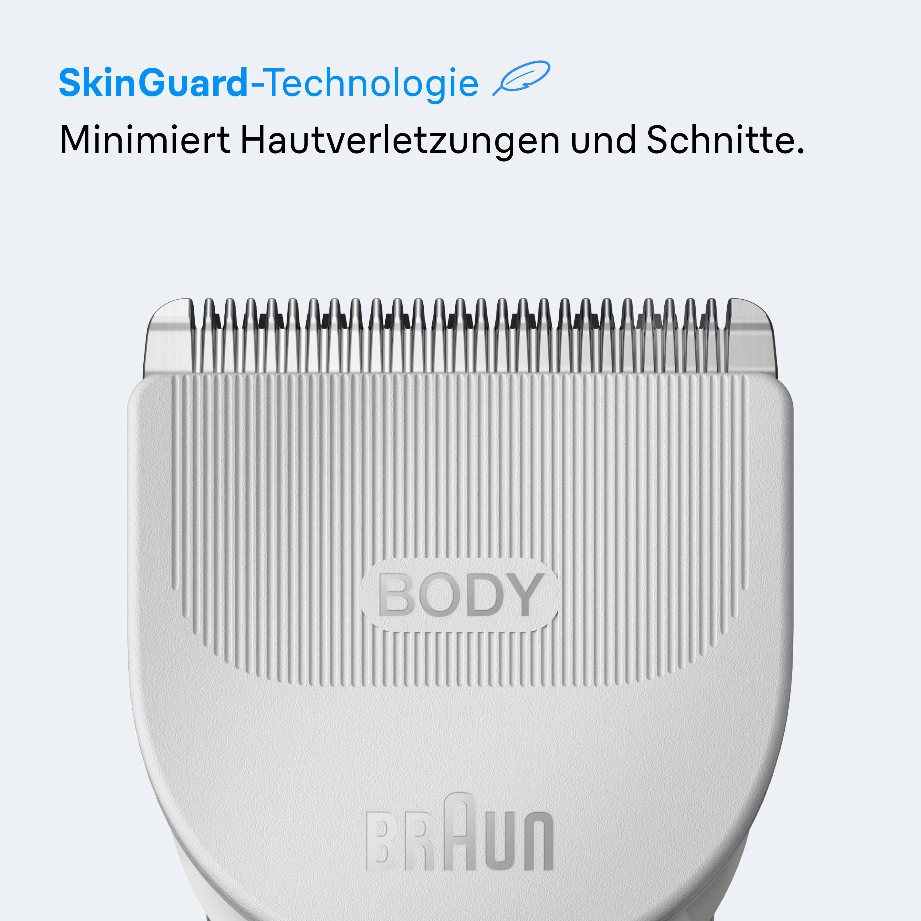 Nahaufnahme eines weißen Rasiererkopfes mit dem Text BODY und Braun darauf.