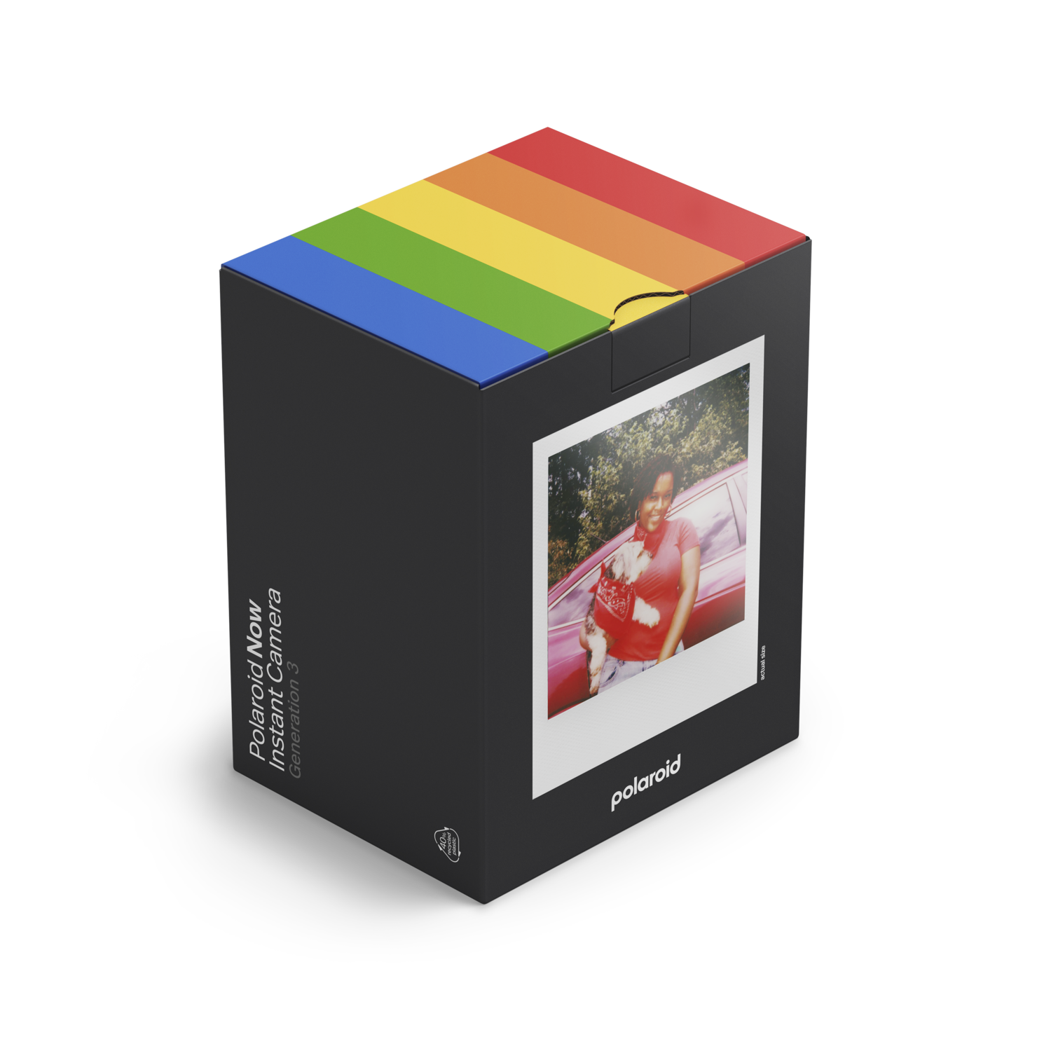 A Polaroid Now instant camera box with a rainbow top. The box shows a photo of a woman.