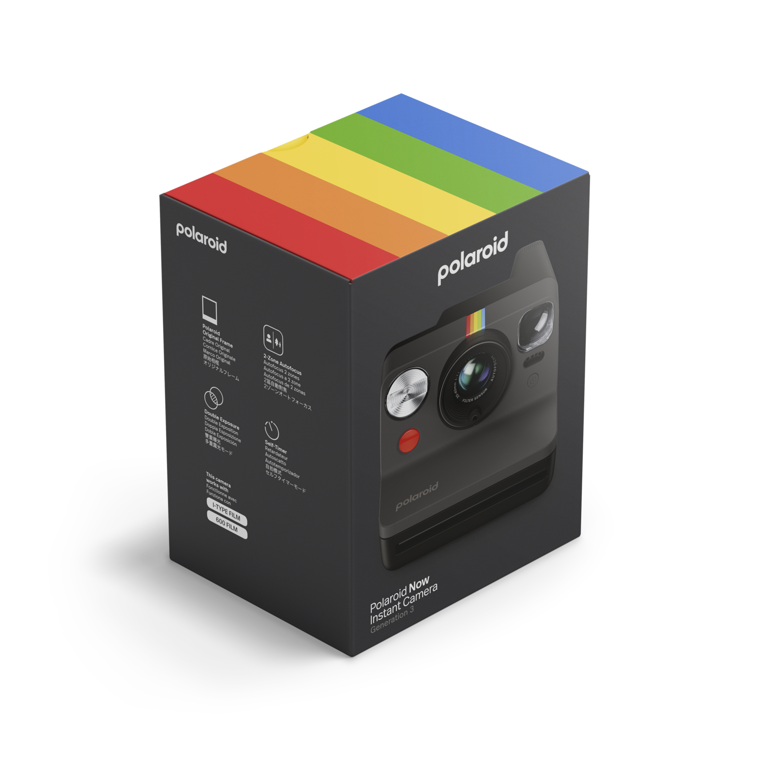 Polaroid camera box, rainbow top, camera inside. Black and grey box.