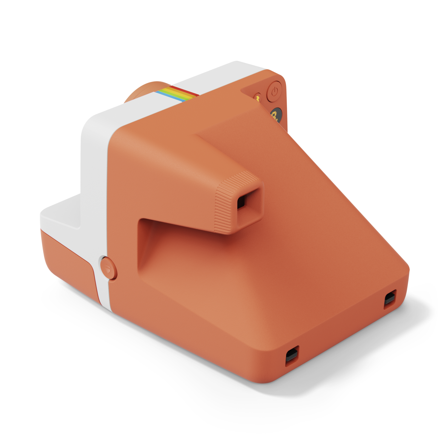 Orange and white Polaroid camera with a rainbow stripe on top. Black shadow.