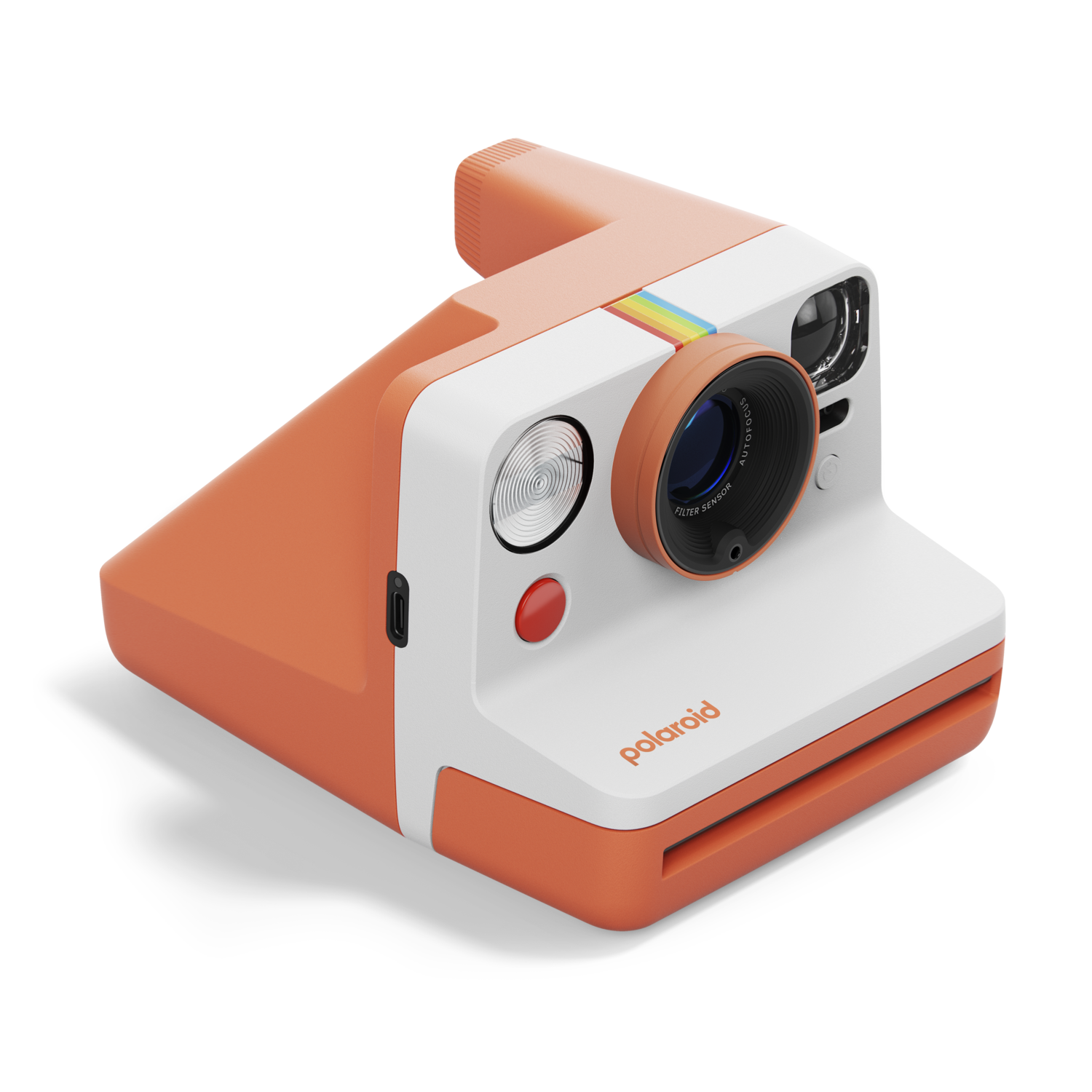 An orange and white Polaroid camera with rainbow stripe and black background.