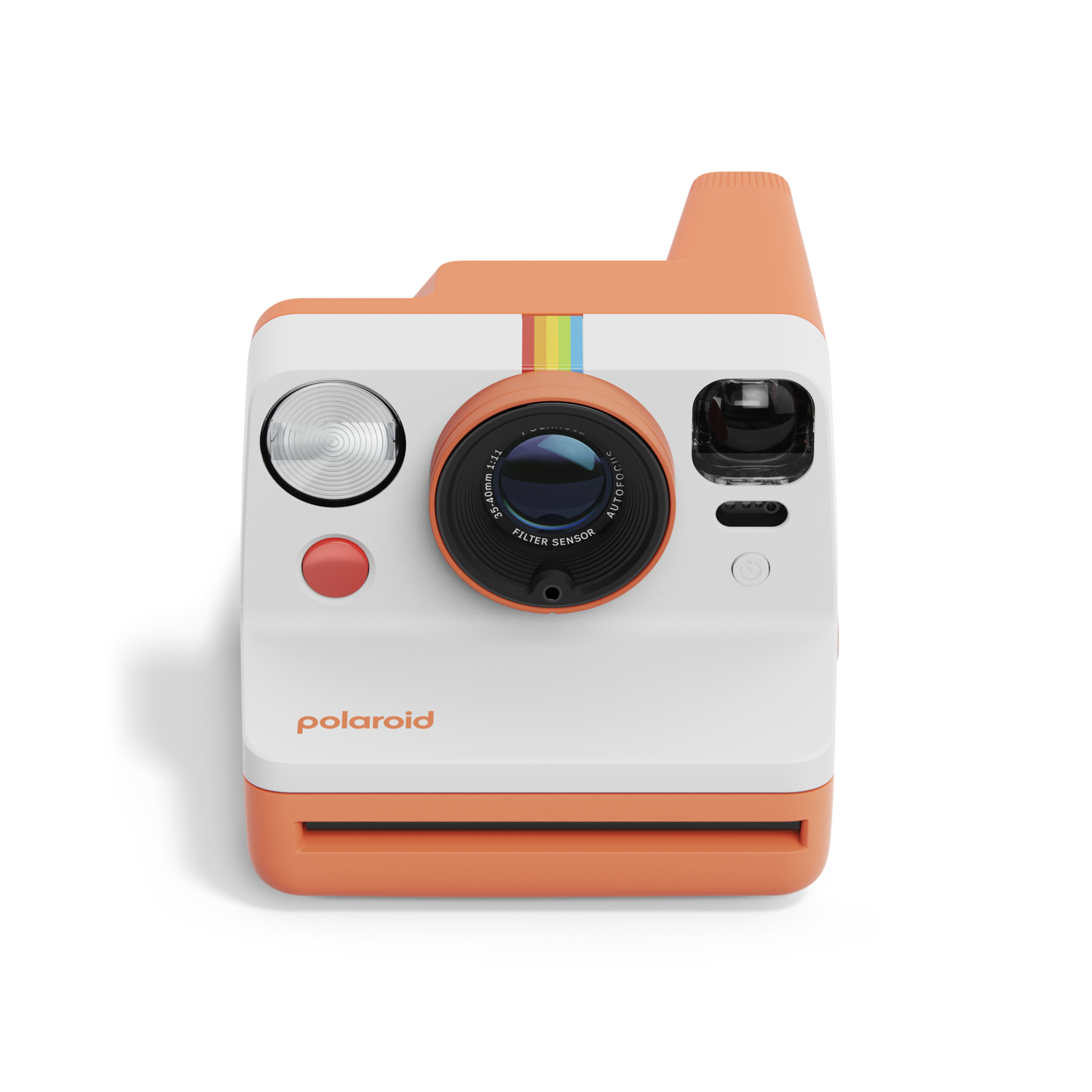 Orange and white polaroid camera. The camera has a lens and a flash on top.