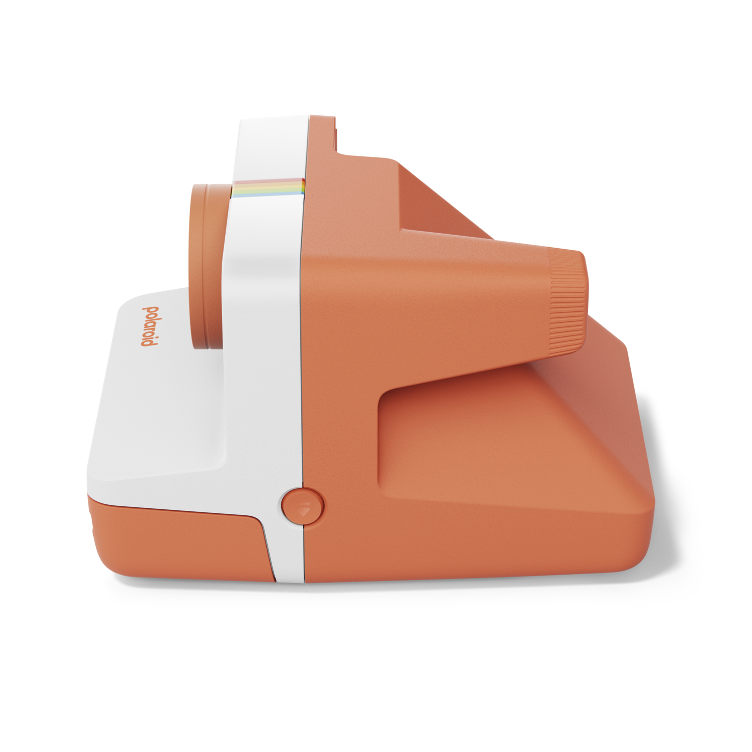 Orange and white Polaroid camera. Side view. Features a rainbow stripe and button.