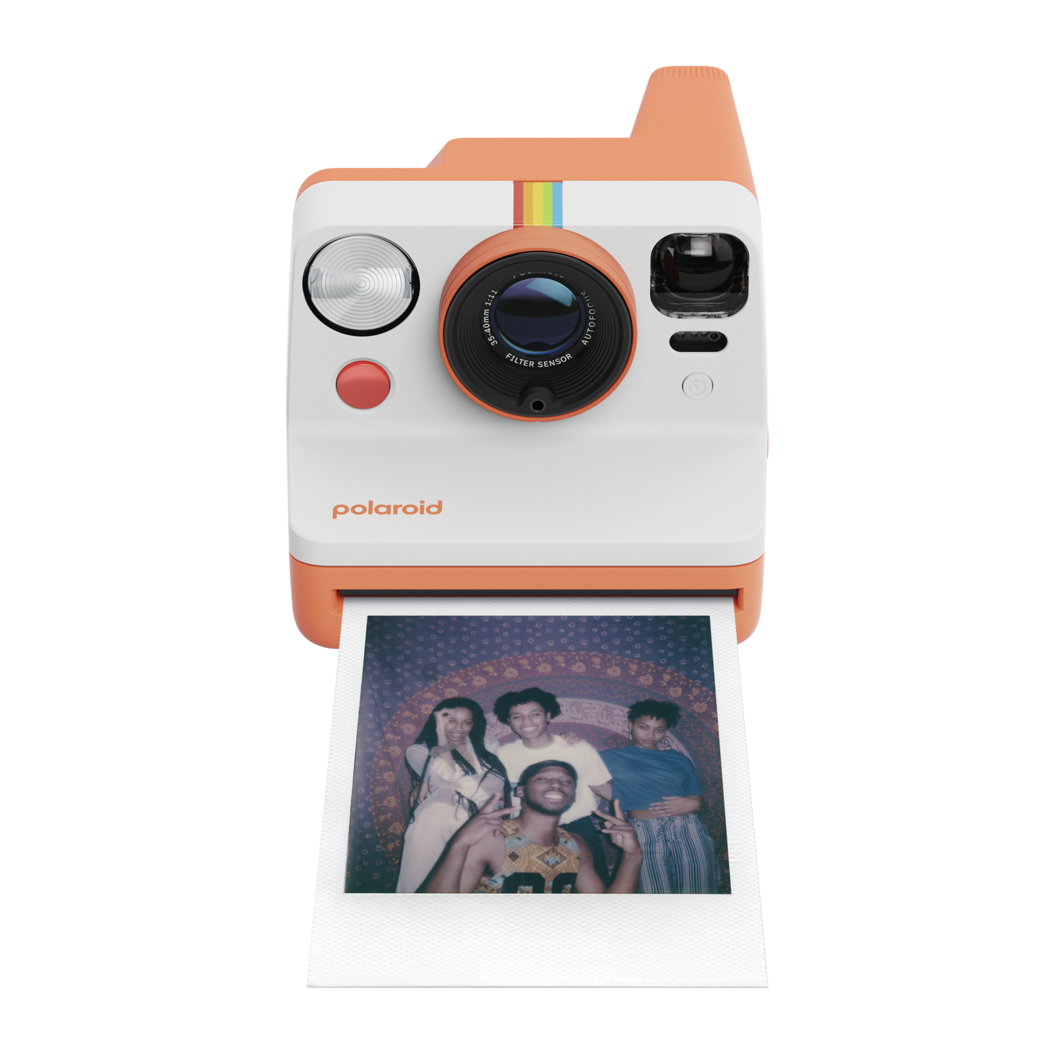 White Polaroid camera with an orange top, rainbow stripe, and photo being ejected.
