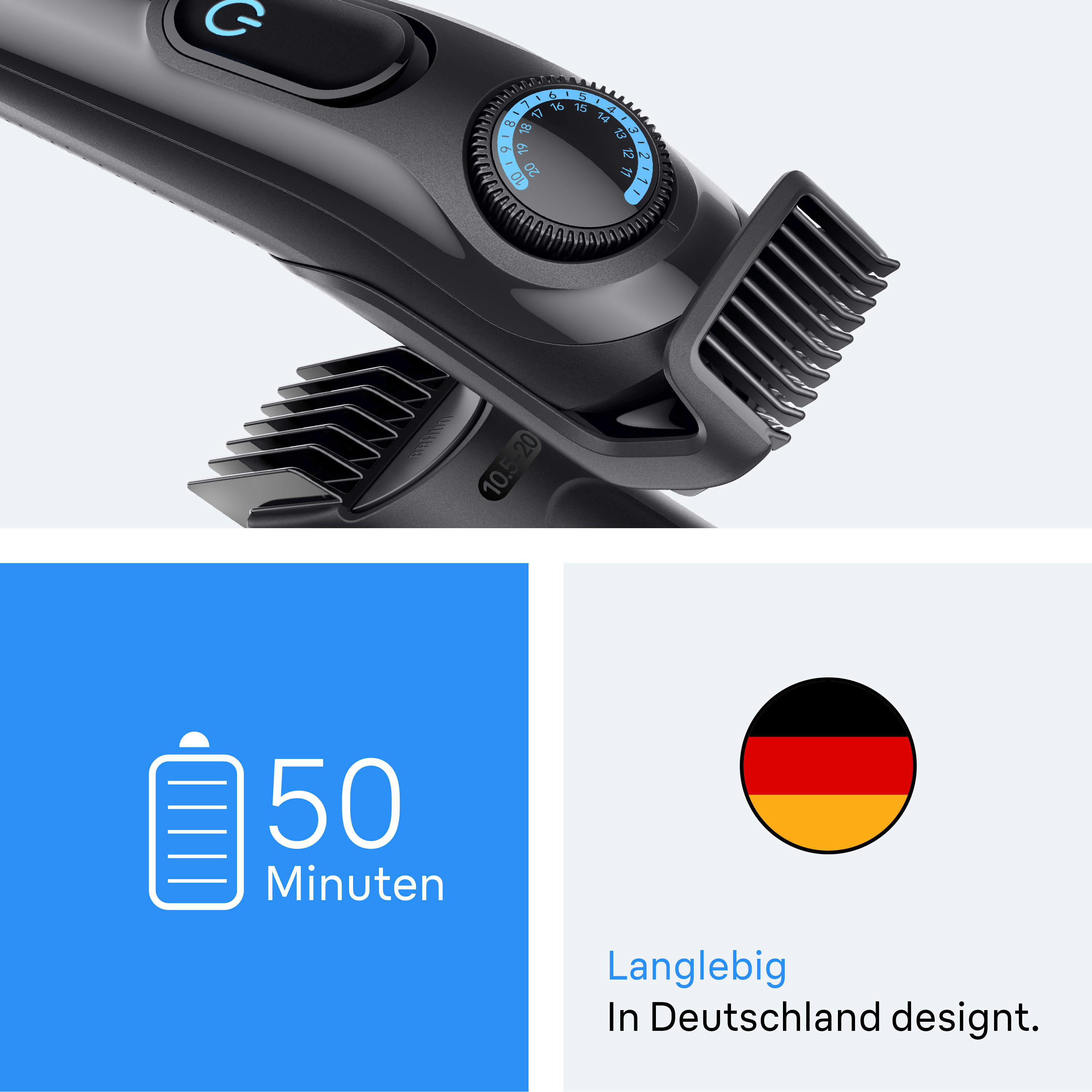 Braun Barttrimmer, Detail von Rad und Kamm. Text: 50 Minuten. Flagge: Deutschland. Design in Deutschland.