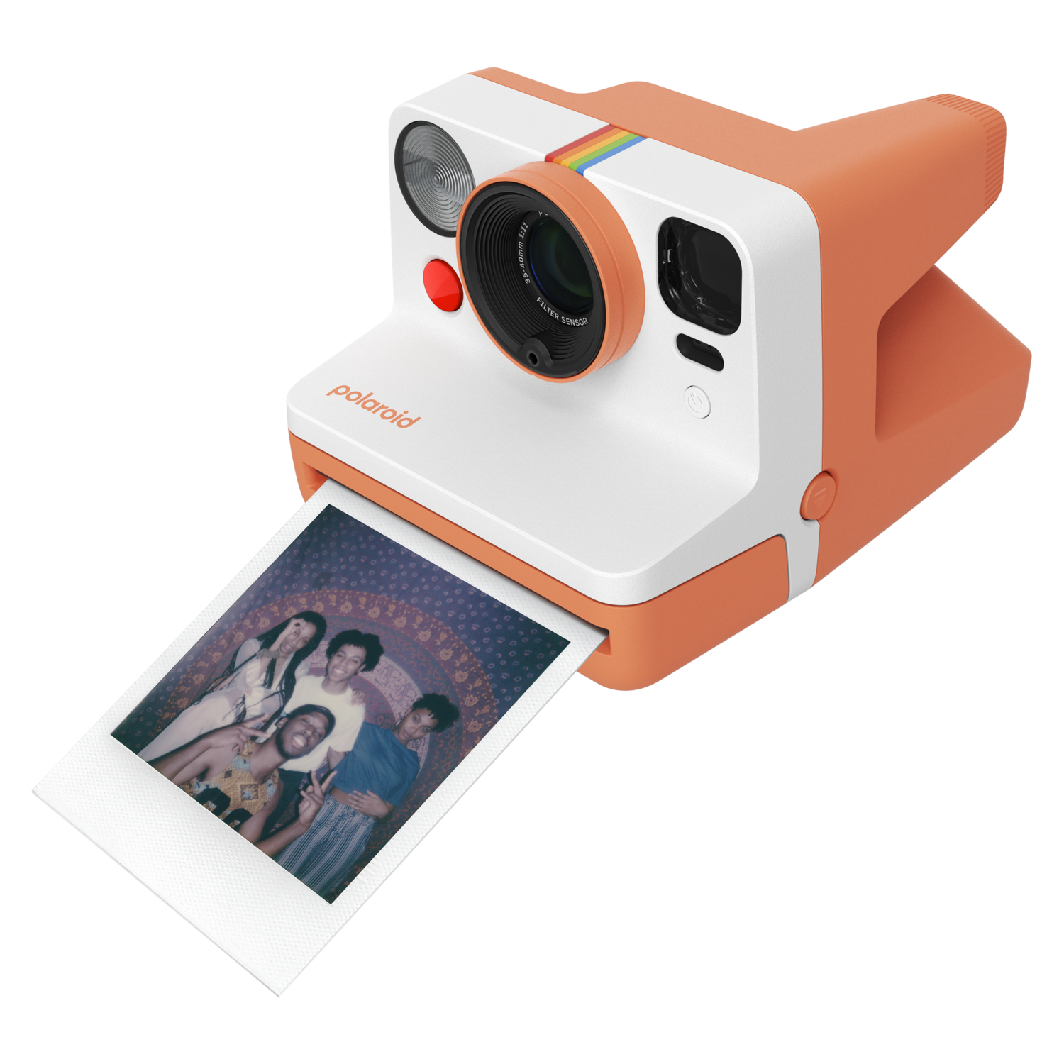 Orange Polaroid camera with a photo being ejected. The photo shows a group of people.