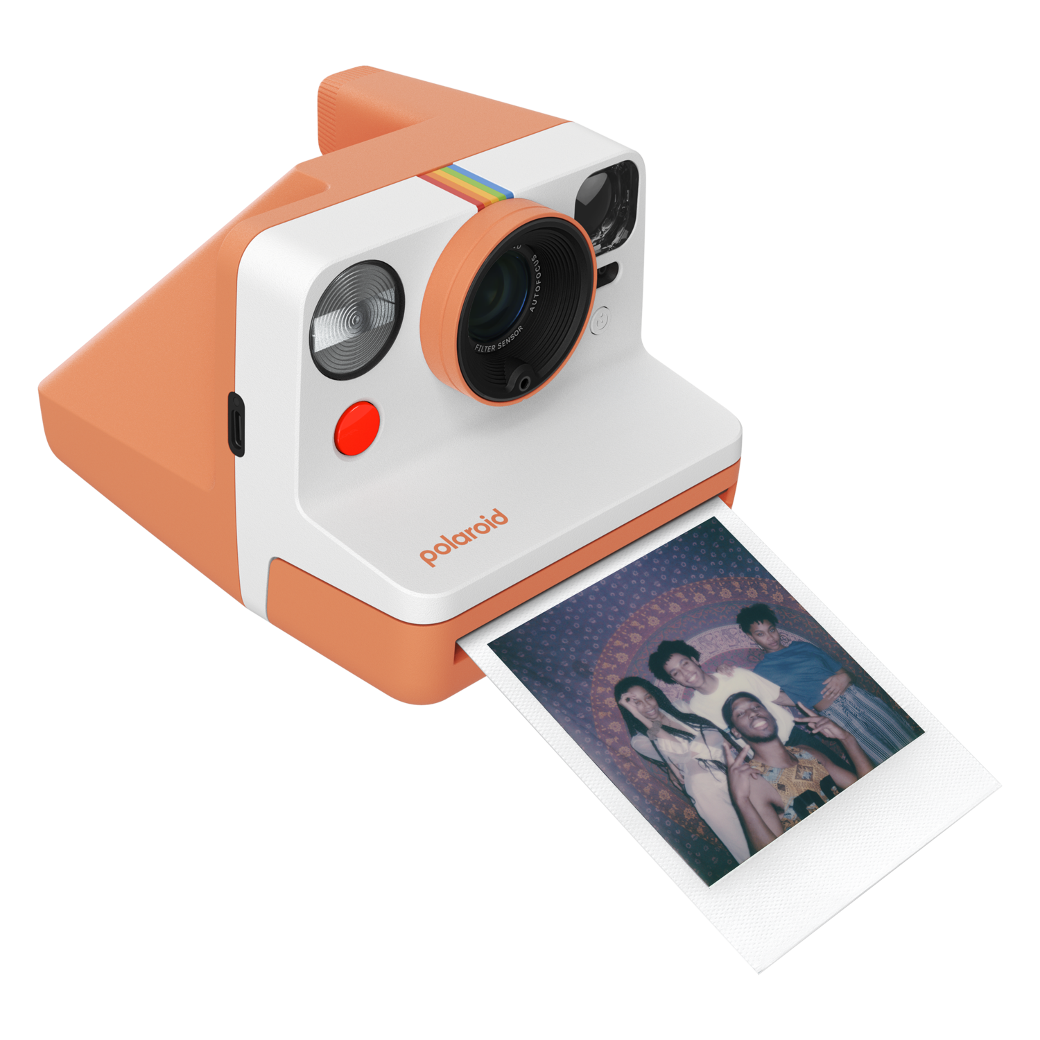 An orange and white Polaroid camera is displaying a picture of a group of people.